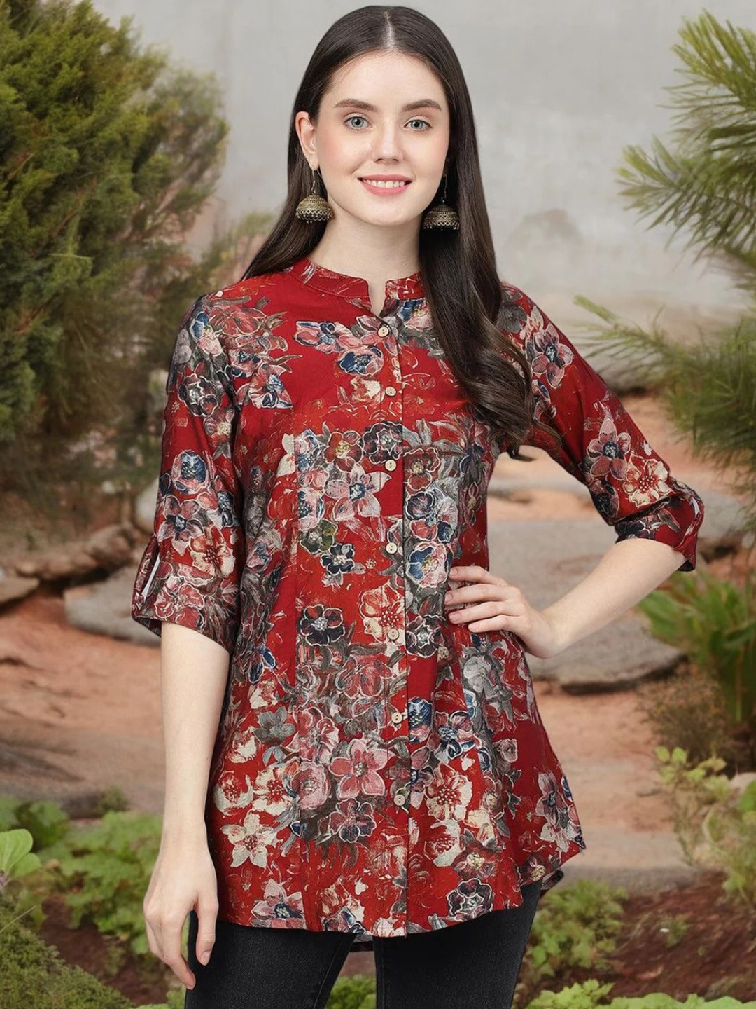 

Moda Rapido Women Classic Opaque Printed Casual Shirt, Red