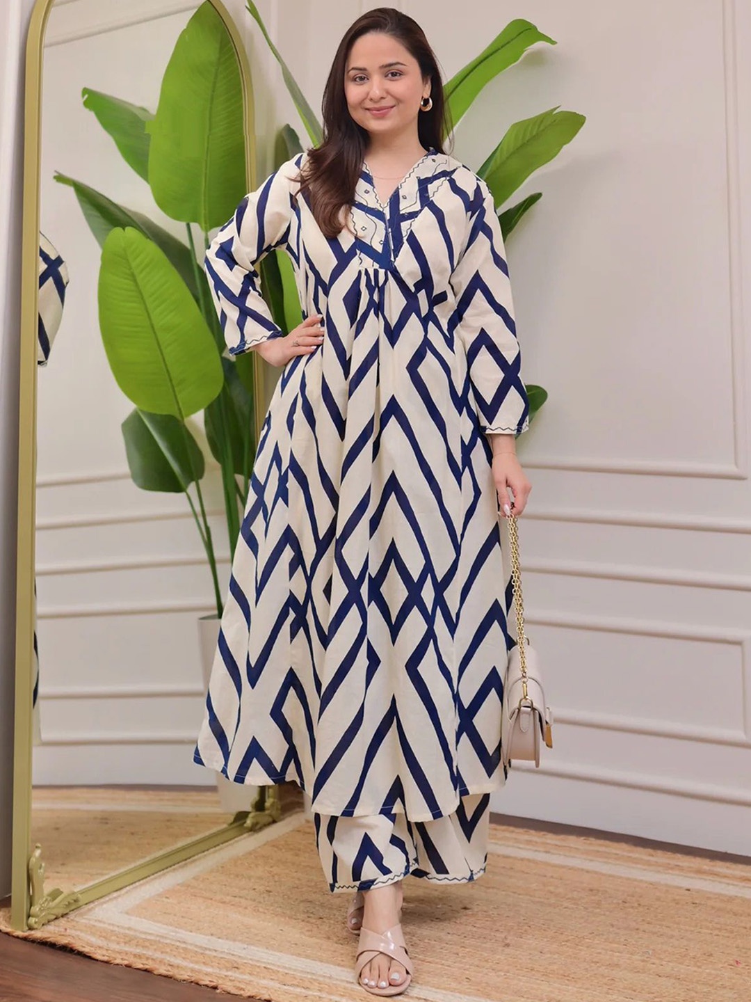 

Light Daisy Geometric Printed A-Line Pure Cotton Kurta With Trouser, Beige