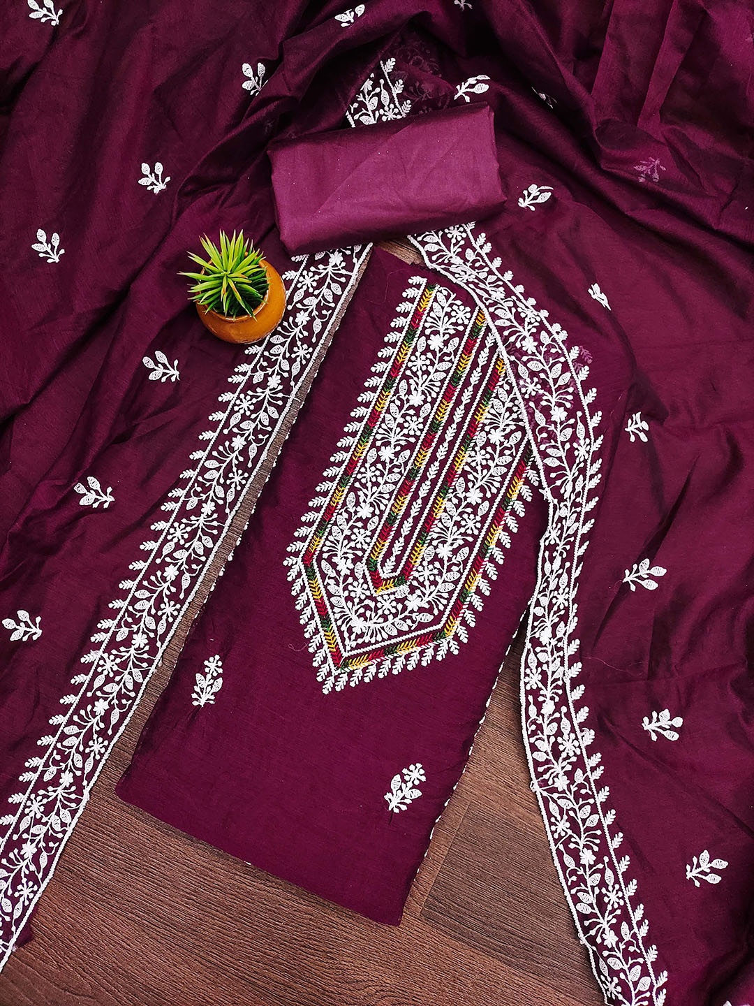 

MANVAA Floral Embroidered Chanderi Cotton Unstitched Dress Material, Magenta