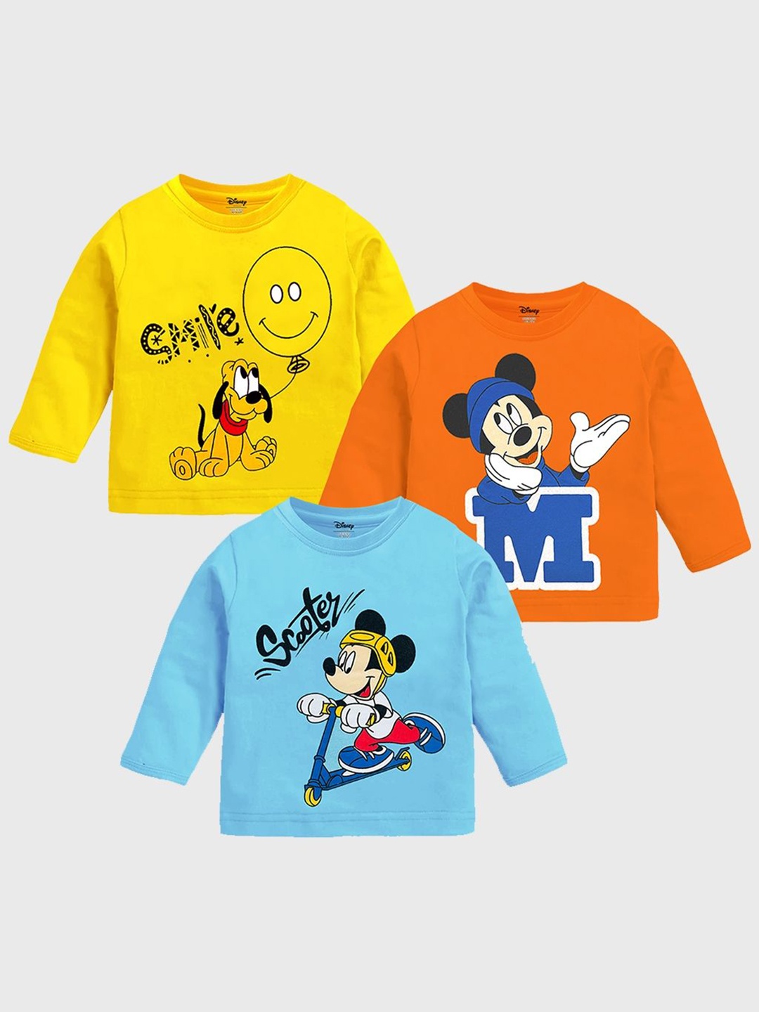 

Disney By Miss and Chief Boys Pack Of 3 Mickey Mouse Graphic Printed Round Neck T-shirts, Yellow