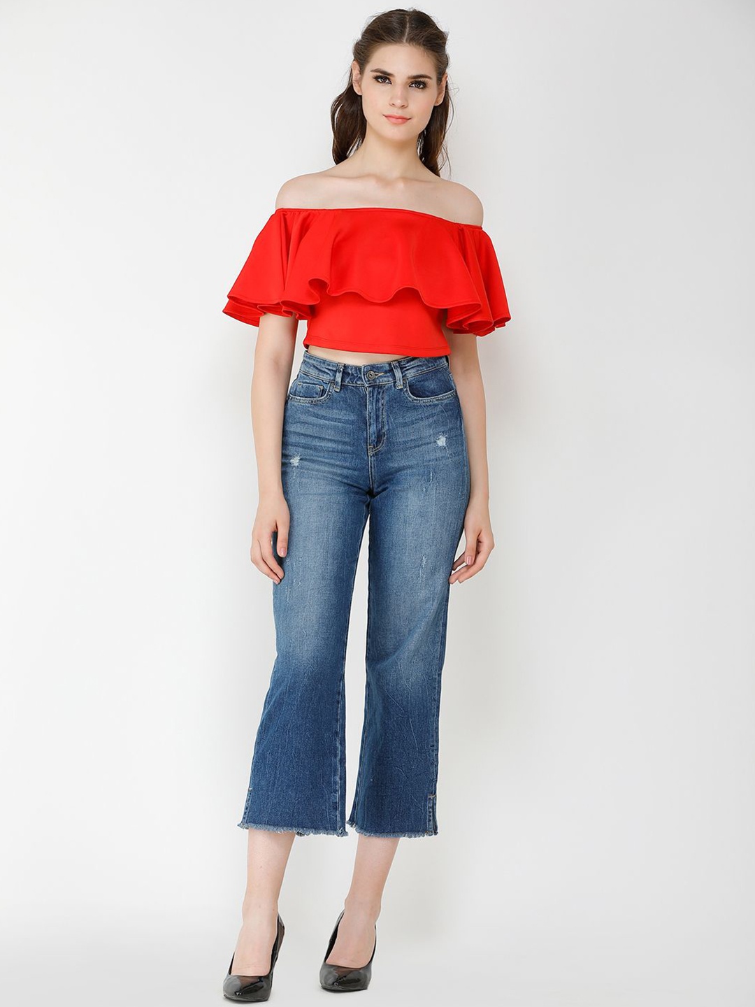 

Moda Rapido Off-Shoulder Flared Sleeve Bardot Crop Top, Red