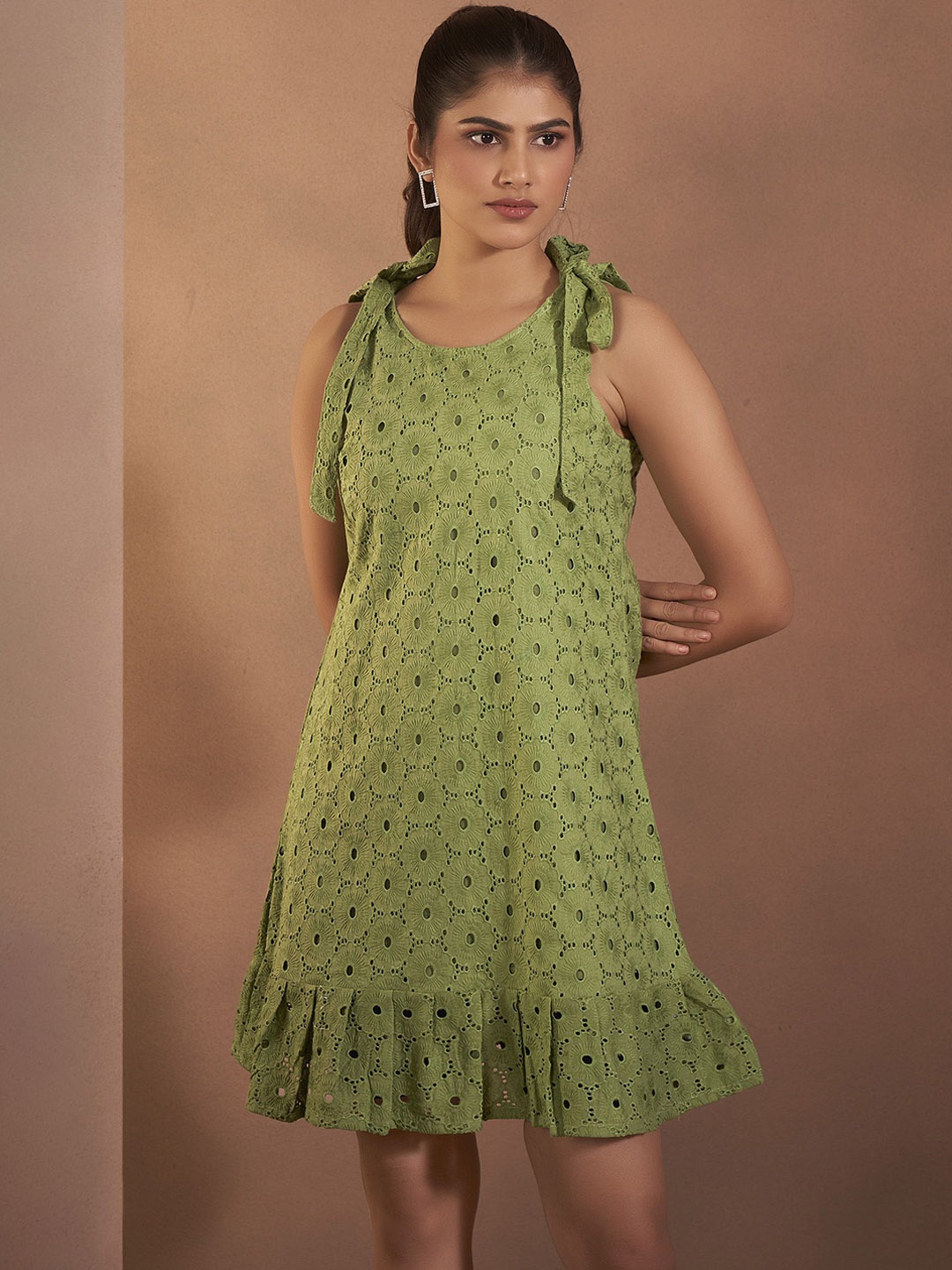 

V-Mart Embroidered A-Line Above Knee Ethnic Dresses, Olive