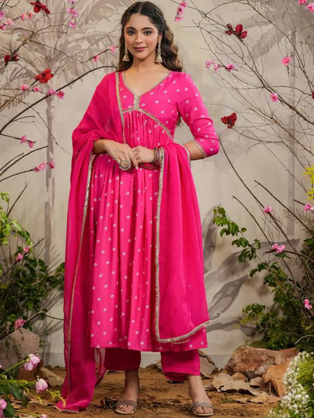 

KAUTIK FABRICS Bandhani Printed V-Neck Chanderi Silk Kurta With Trousers And Dupatta, Pink