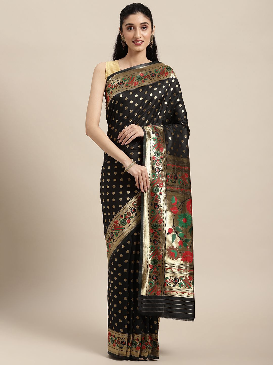 

DIVASTRI Ethnic Motifs Zari Silk Blend Paithani Saree, Black