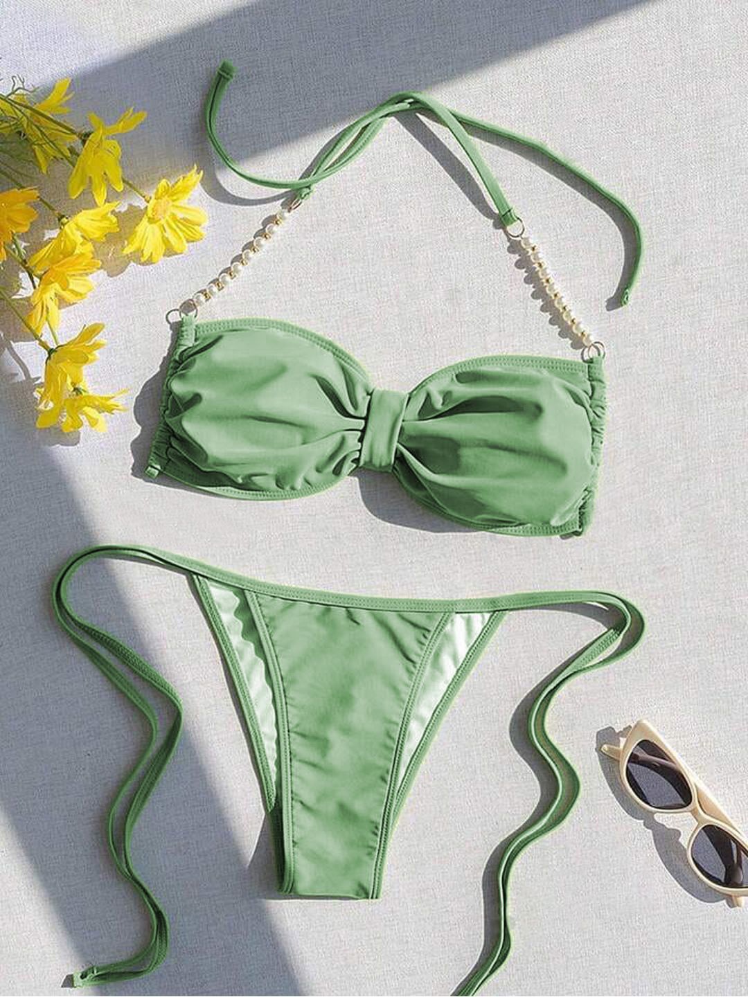 

Krelin Halter Neck Beaded Work Swim Bikini Set, Sea green