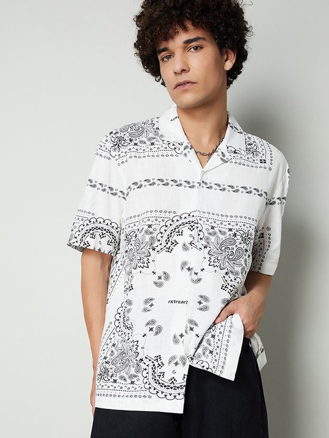 

max Men Relaxed Fit Cuban Collar Ethnic Motifs Printed Cotton Casual Shirt, White