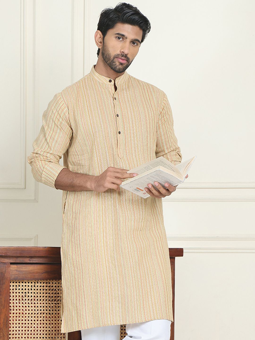 

Anouk Beige Striped Woven Design Band Collar Straignt Kurta