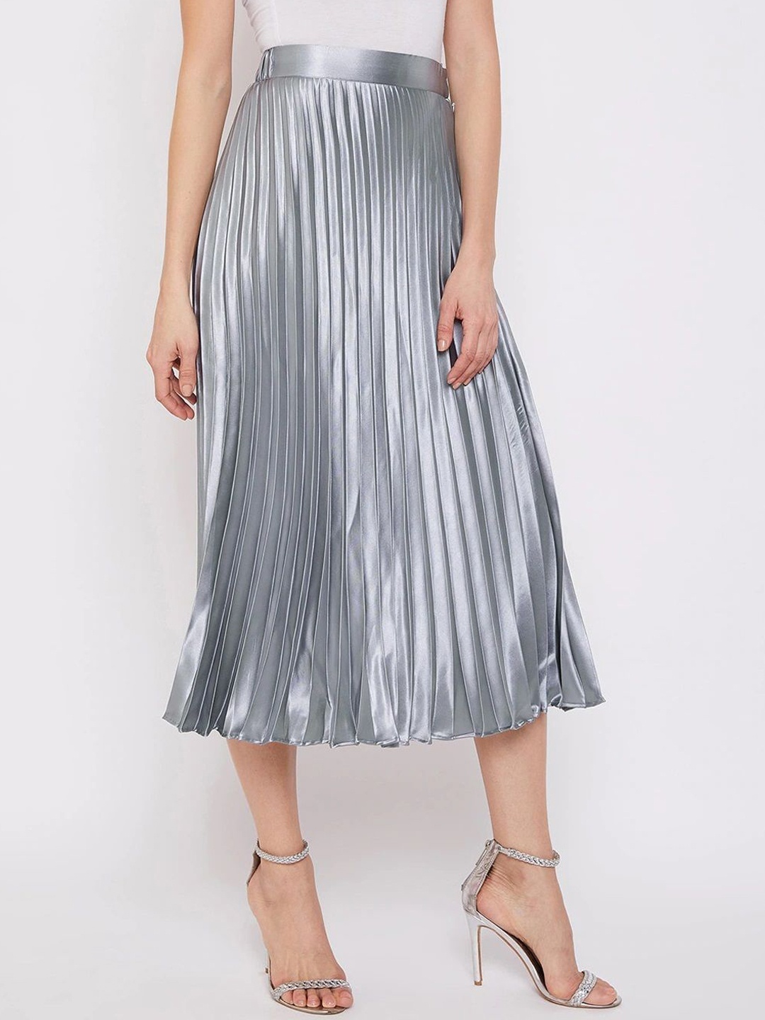 

ZWERLON Women Pleated A-Line Midi Skirt, Silver