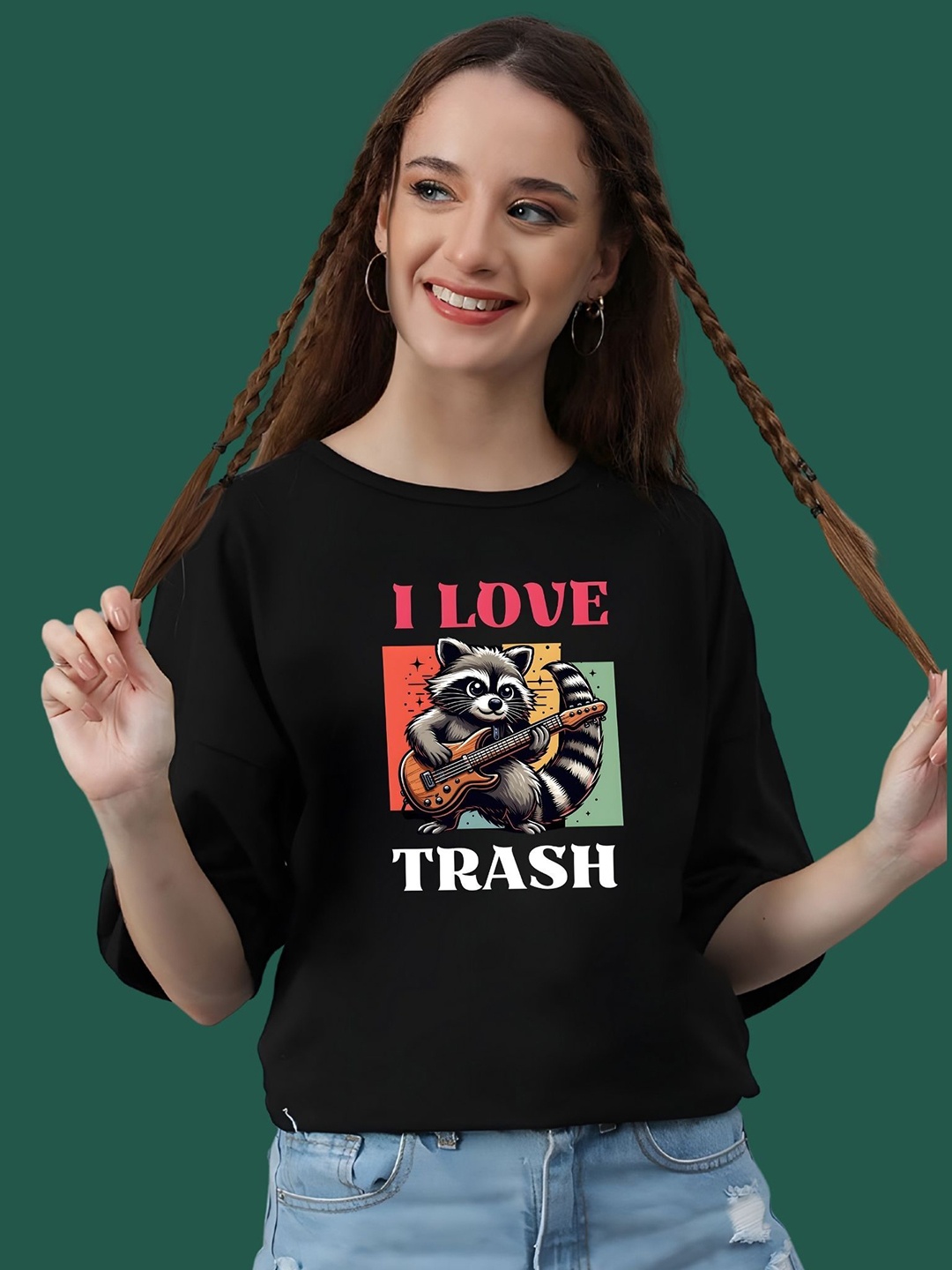 

DressBerry Women Graphic Printed Round Neck Cotton Oversized T-shirt, Black
