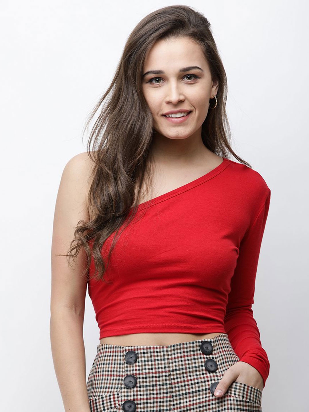 

Moda Rapido Women Solid One Shoulder CottonFitted Top, Red