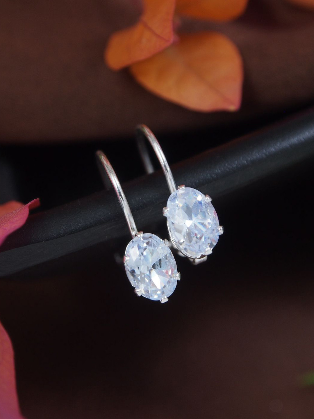 

I Jewels Silver-Plated Artificial Stones Studded Oval Shaped Drop Earrings, White