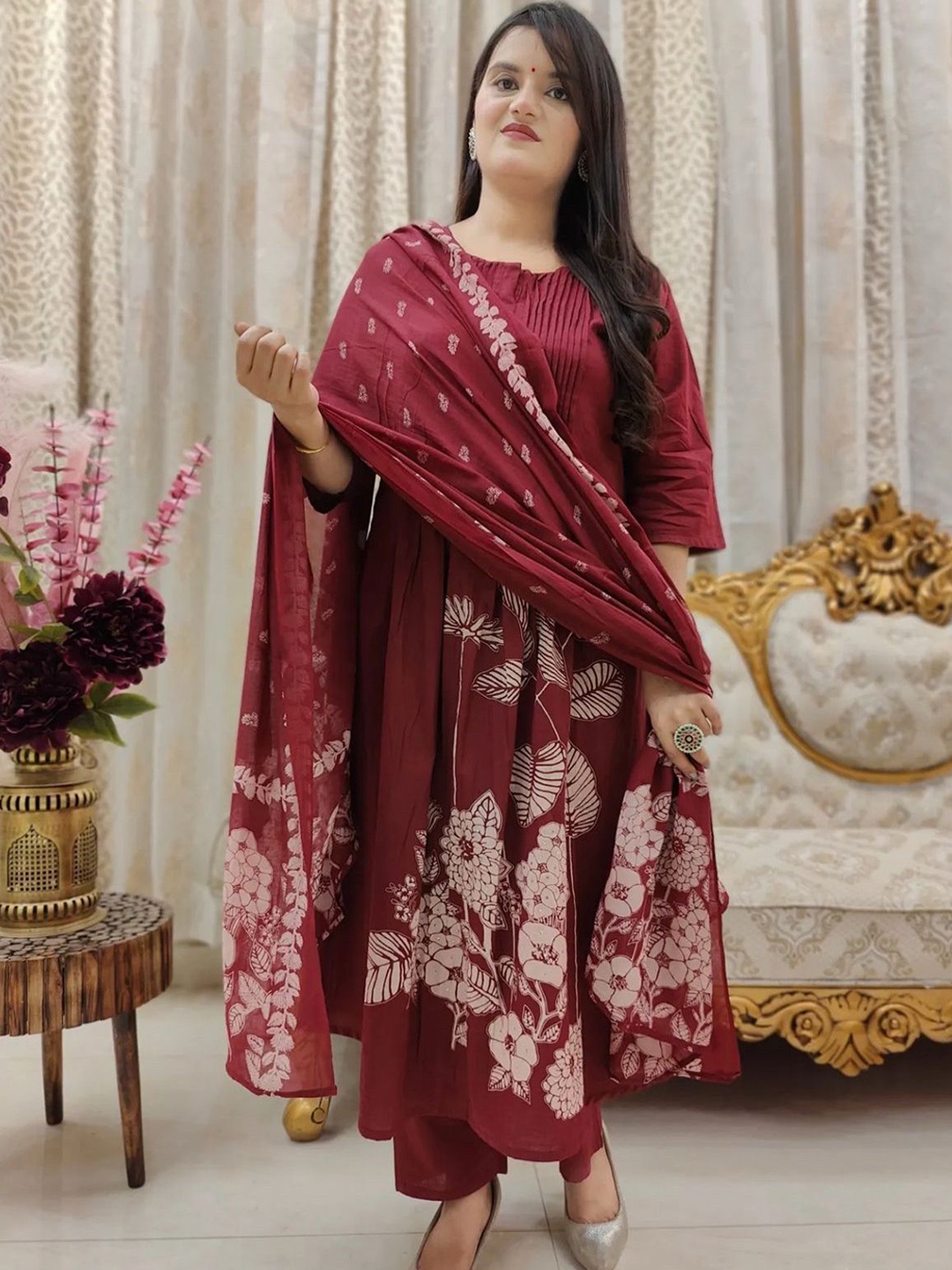 

MILAAV Floral Printed Round Neck Pure Cotton Pleated A-Line Kurta With Trousers & Dupatta, Maroon