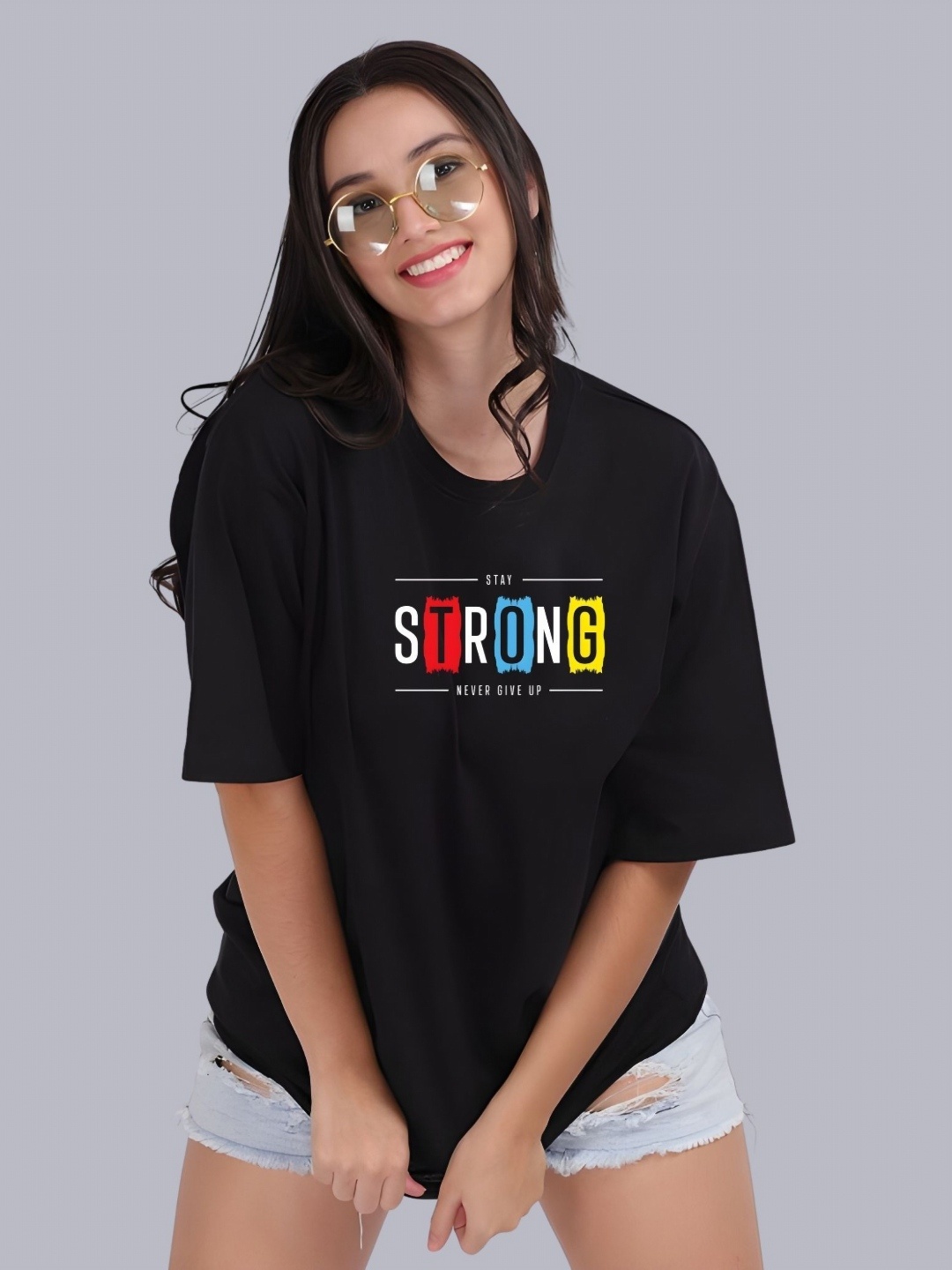 

Moda Rapido Women Typography Printed Round Neck Cotton Oversized T-shirt, Black