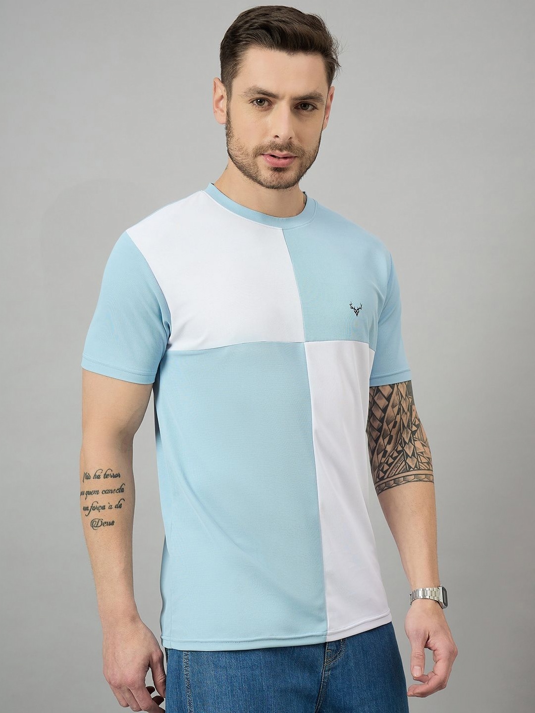 

BRONATION Men Colourblocked Round Neck Cotton T-shirt, Turquoise blue