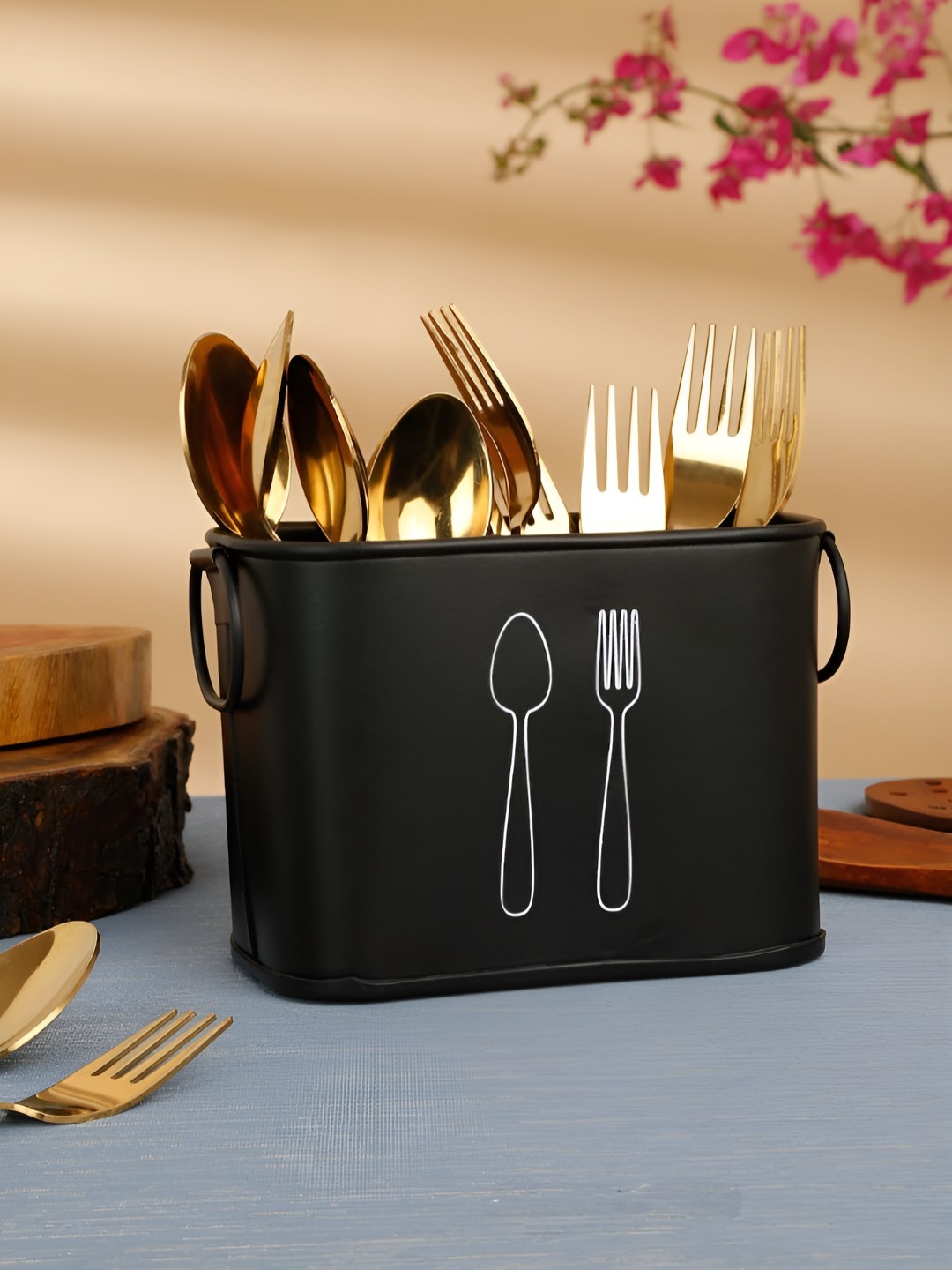 

Homspurts Black & White Spoon & Fork Printed Cutlery Holder
