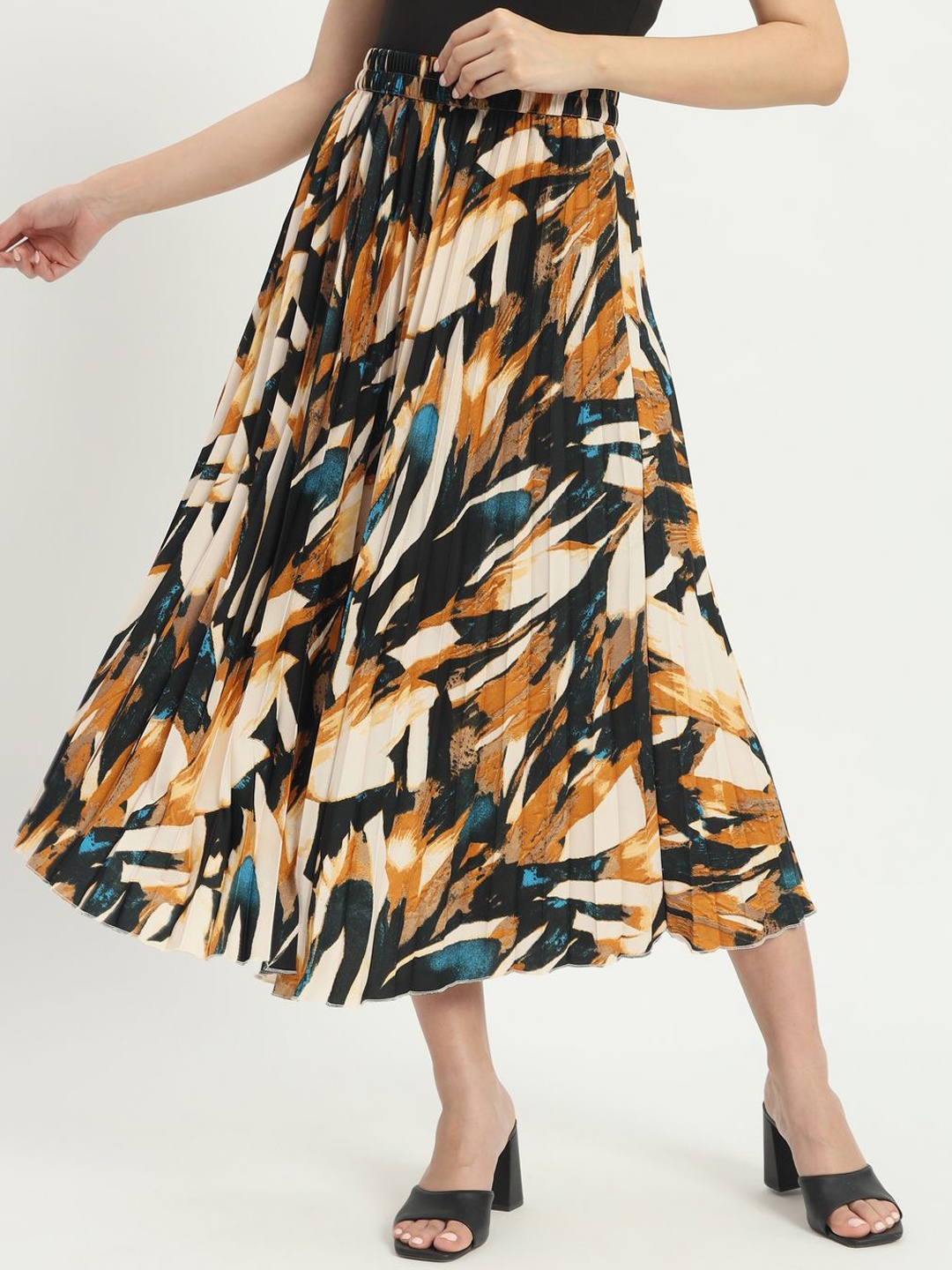 

ZWERLON Women Printed Pleated A-Line Midi Skirt, Yellow