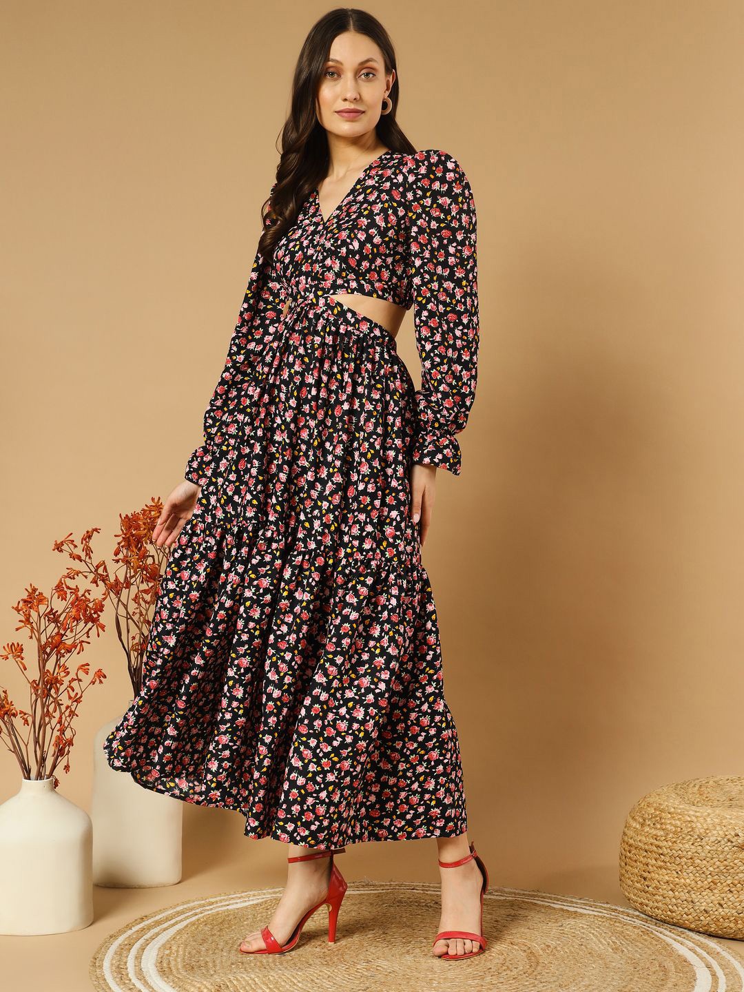

ZWERLON Women Floral Printed Fit and Flare Maxi Dress, Black