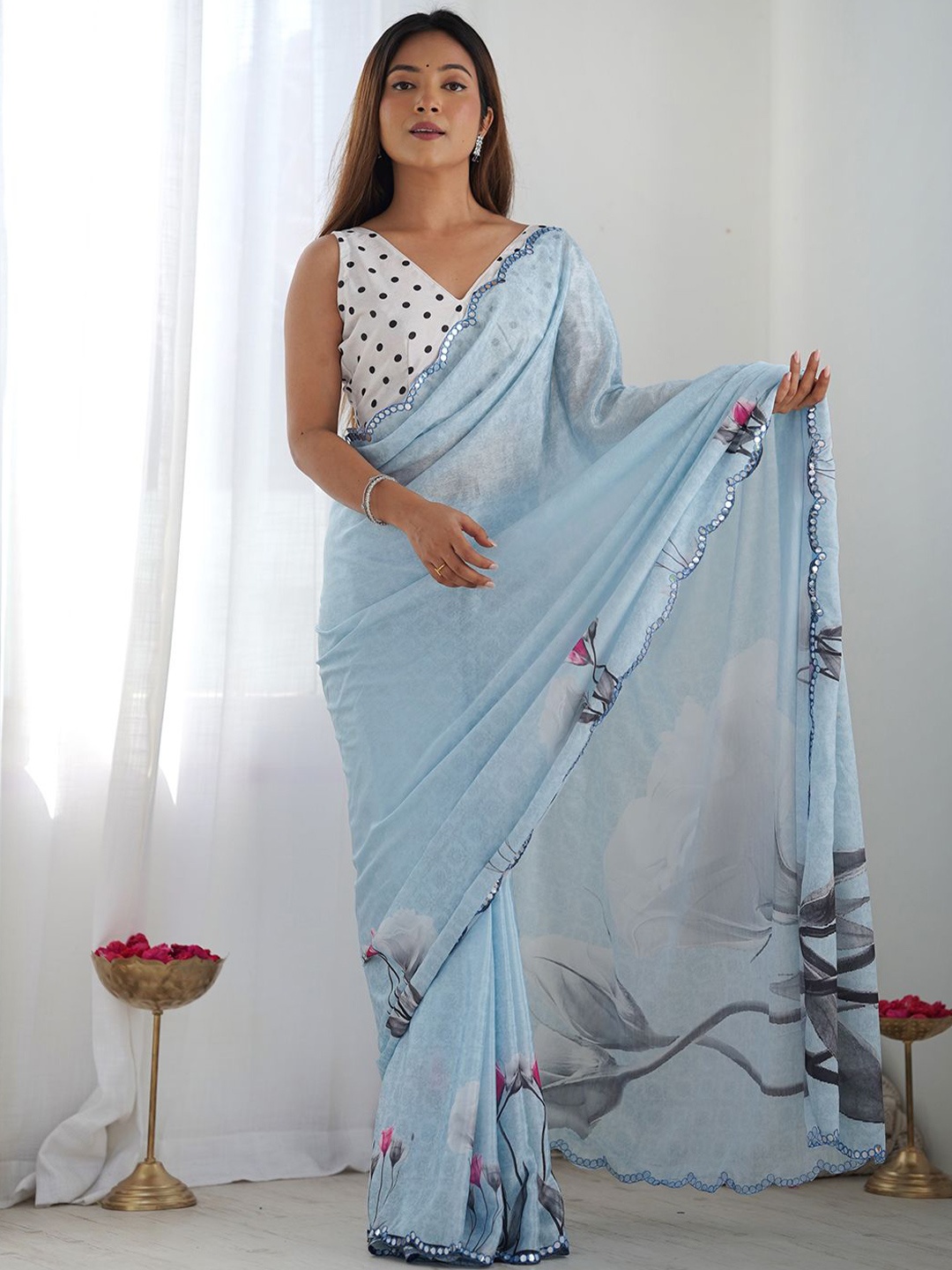 

LeeliPeeri Designer Floral Mirror Work Poly Chiffon Saree, Blue