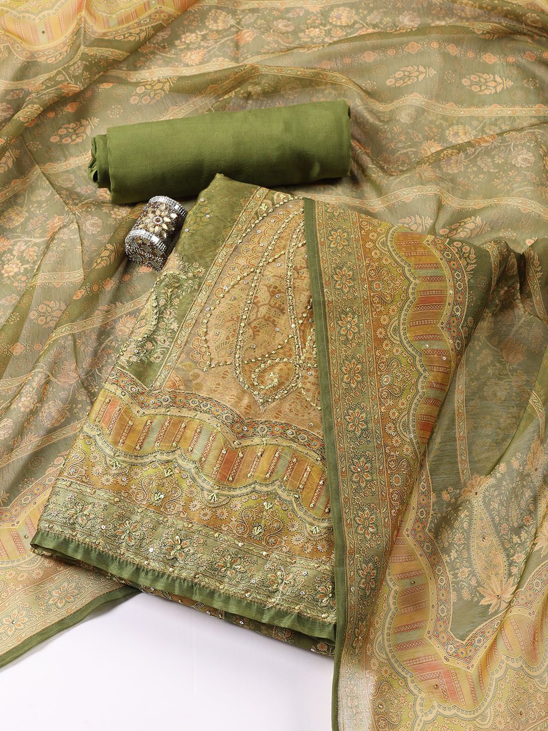 

Meena Bazaar Ethnic Motifs Printed Unstitched Dress Material, Green