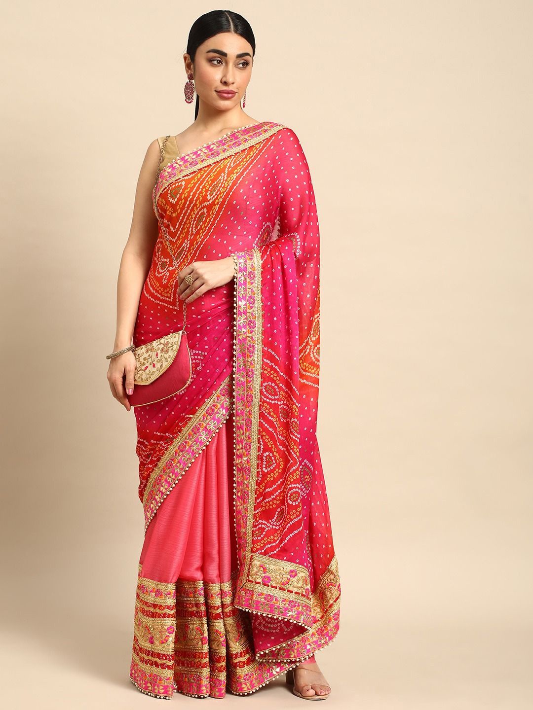 

DIVASTRI Bandhani Gotta Patti Poly Chiffon Designer Bandhani Saree, Peach