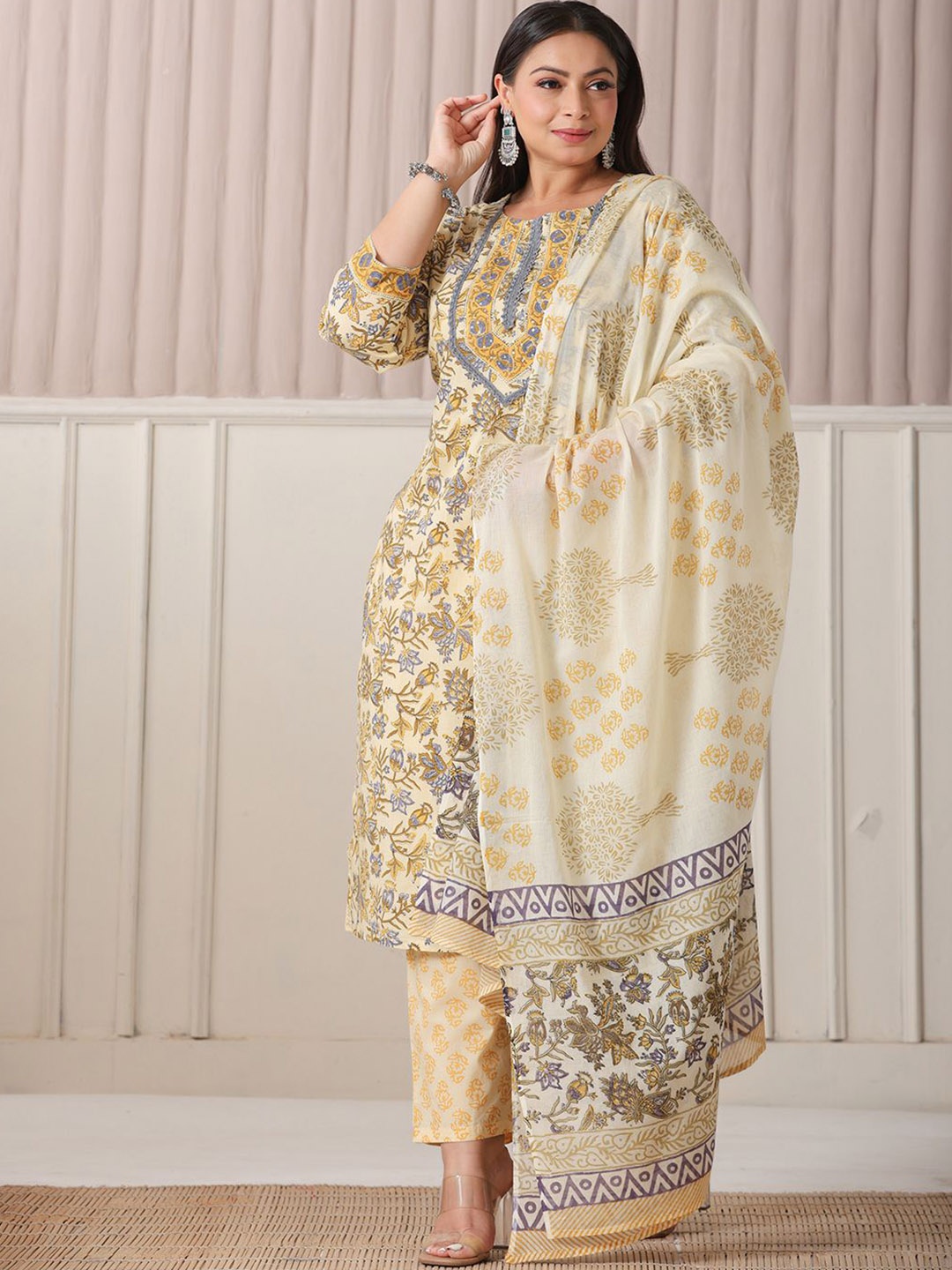 

Yufta Plus Size Floral Printed Pure Cotton Straight Kurta With Trouser & Dupatta, Cream