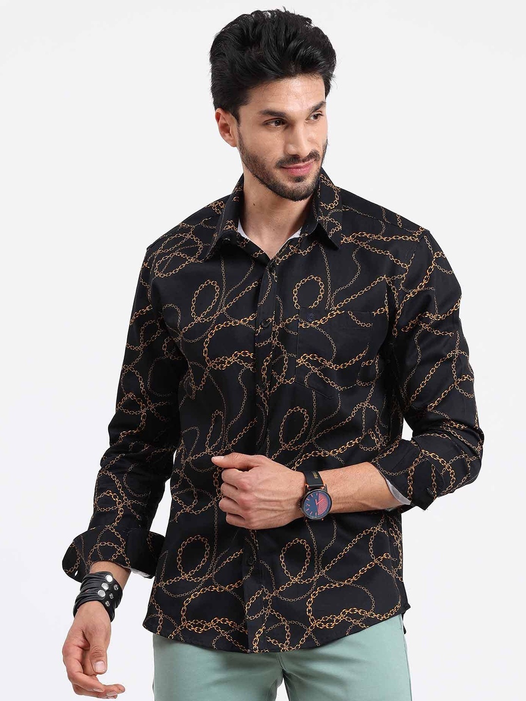 

Guniaa Men Plus Size Classic Fit Spread Collar Abstract Printed Cotton Casual Shirt, Black