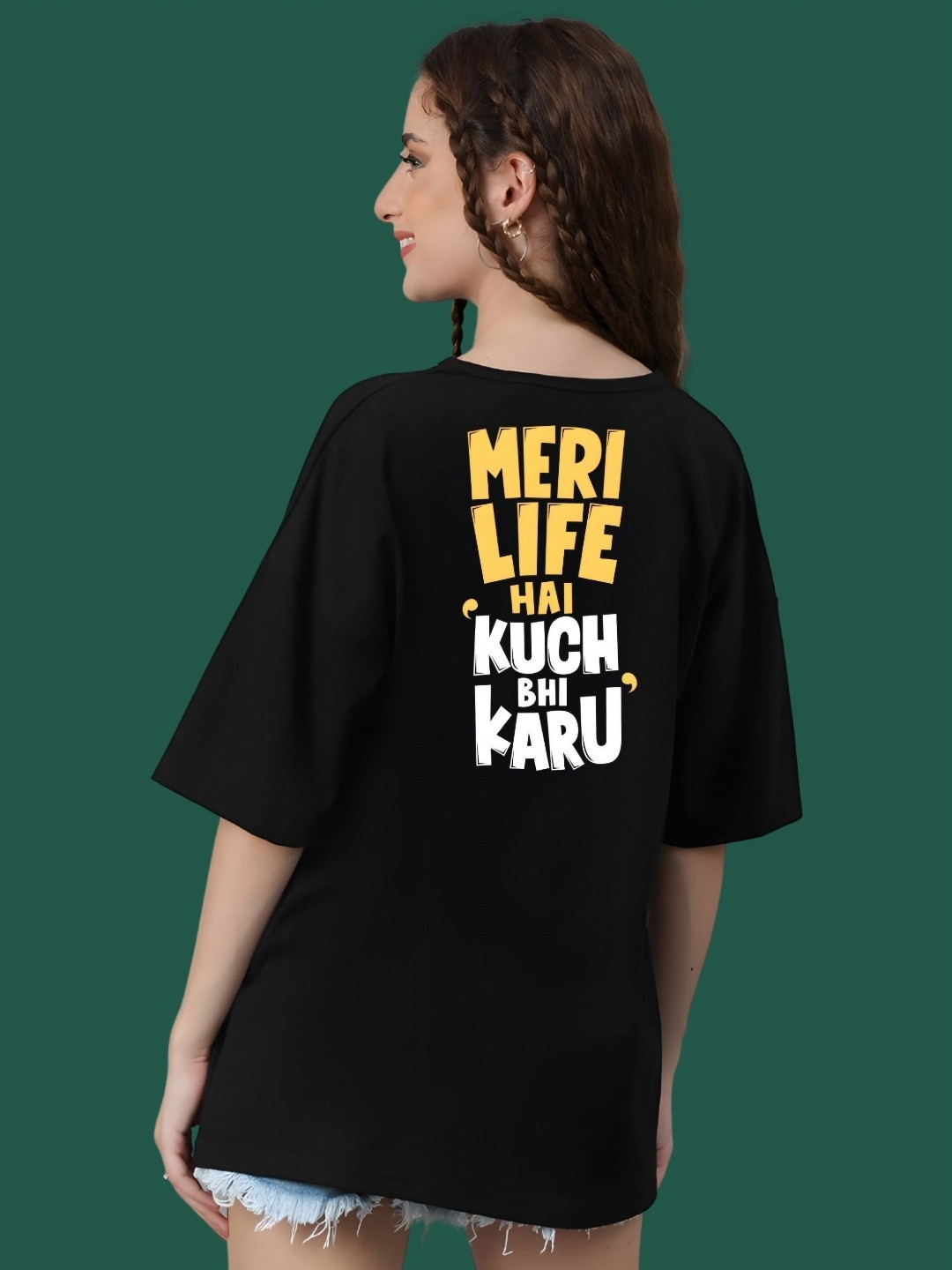 

DressBerry Women Typography Printed Round Neck Cotton Oversized T-shirt, Black