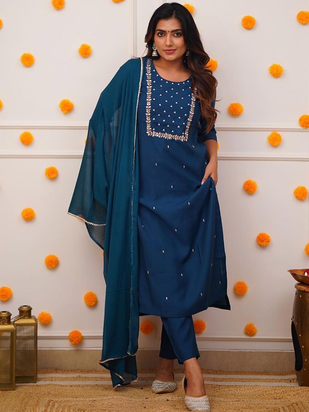 

KALINI Ethnic Motifs Embroidered Round Neck Straight Kurta With Trousers And Dupatta, Teal