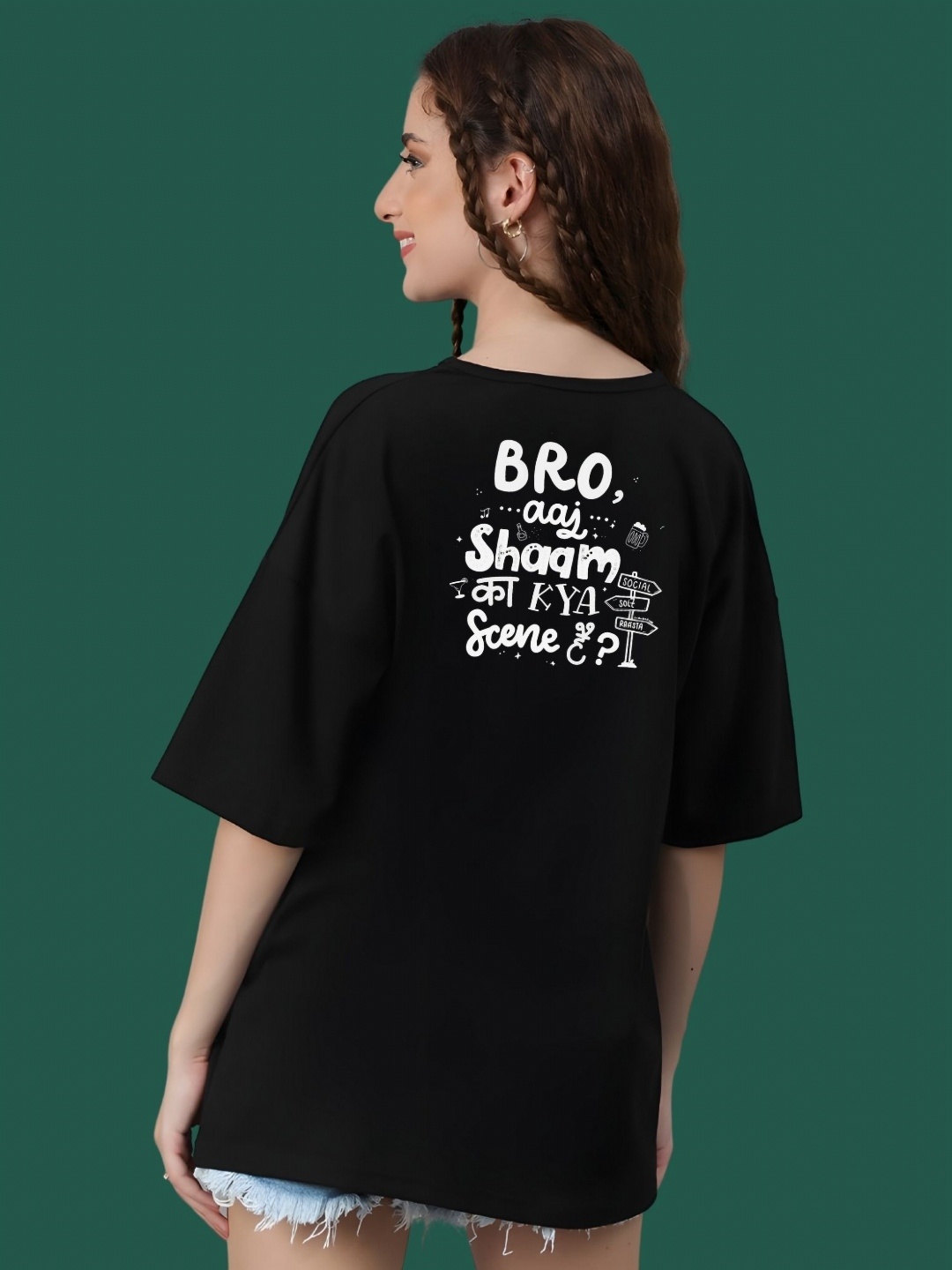 

DressBerry Women Typography Printed Round Neck Cotton Oversized T-shirt, Black