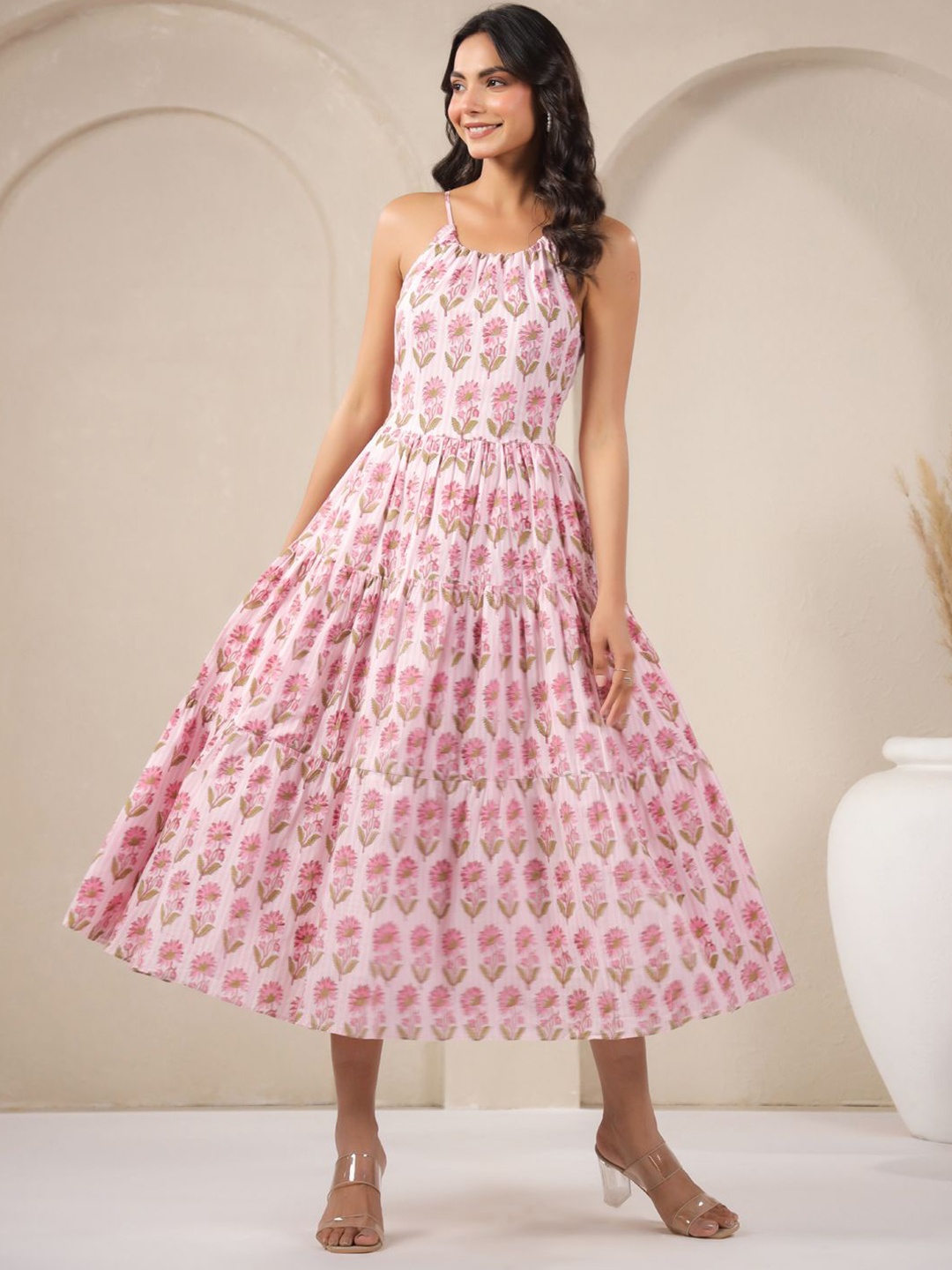 

Jaipur Morni Ethnic Motifs Print Fit & Flare Maxi Dress, Pink