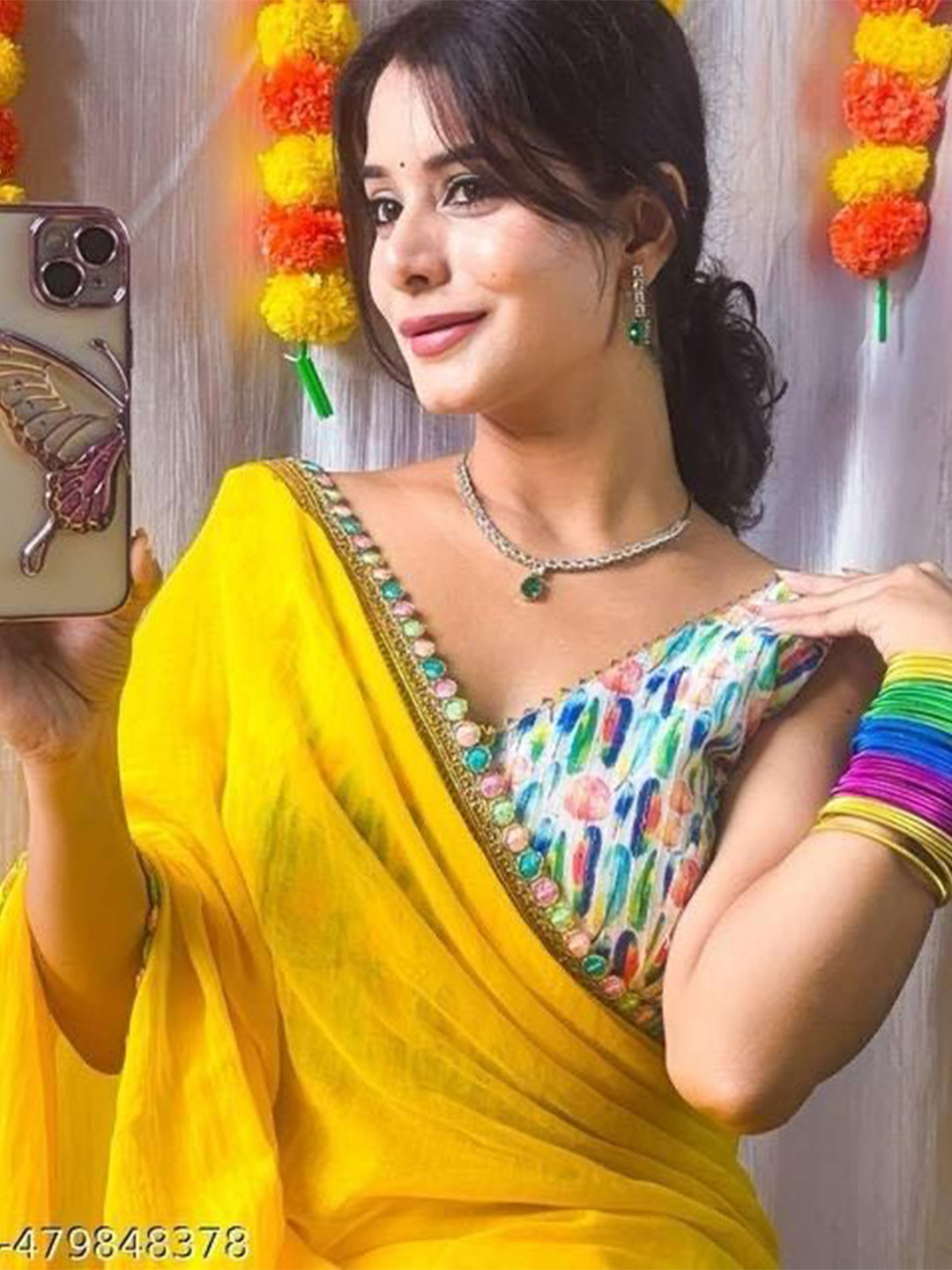 

SWADESI STUFF Pure Georgette Designer Saree, Yellow