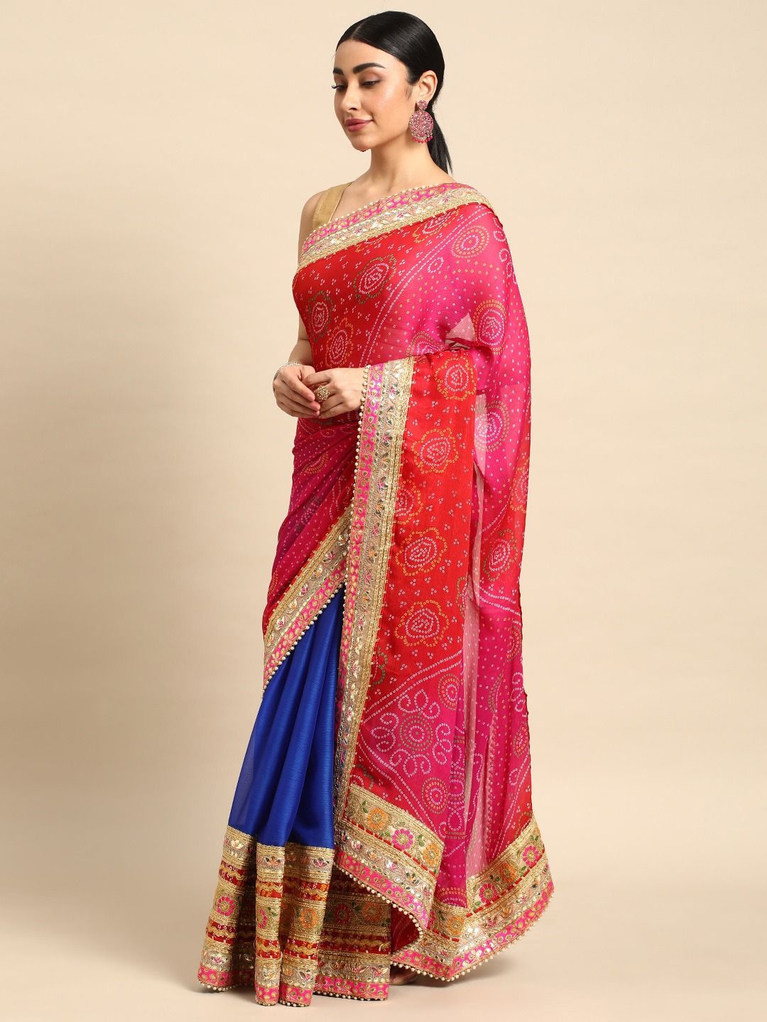 

DIVASTRI Bandhani Gotta Patti Poly Chiffon Designer Bandhani Saree, Blue
