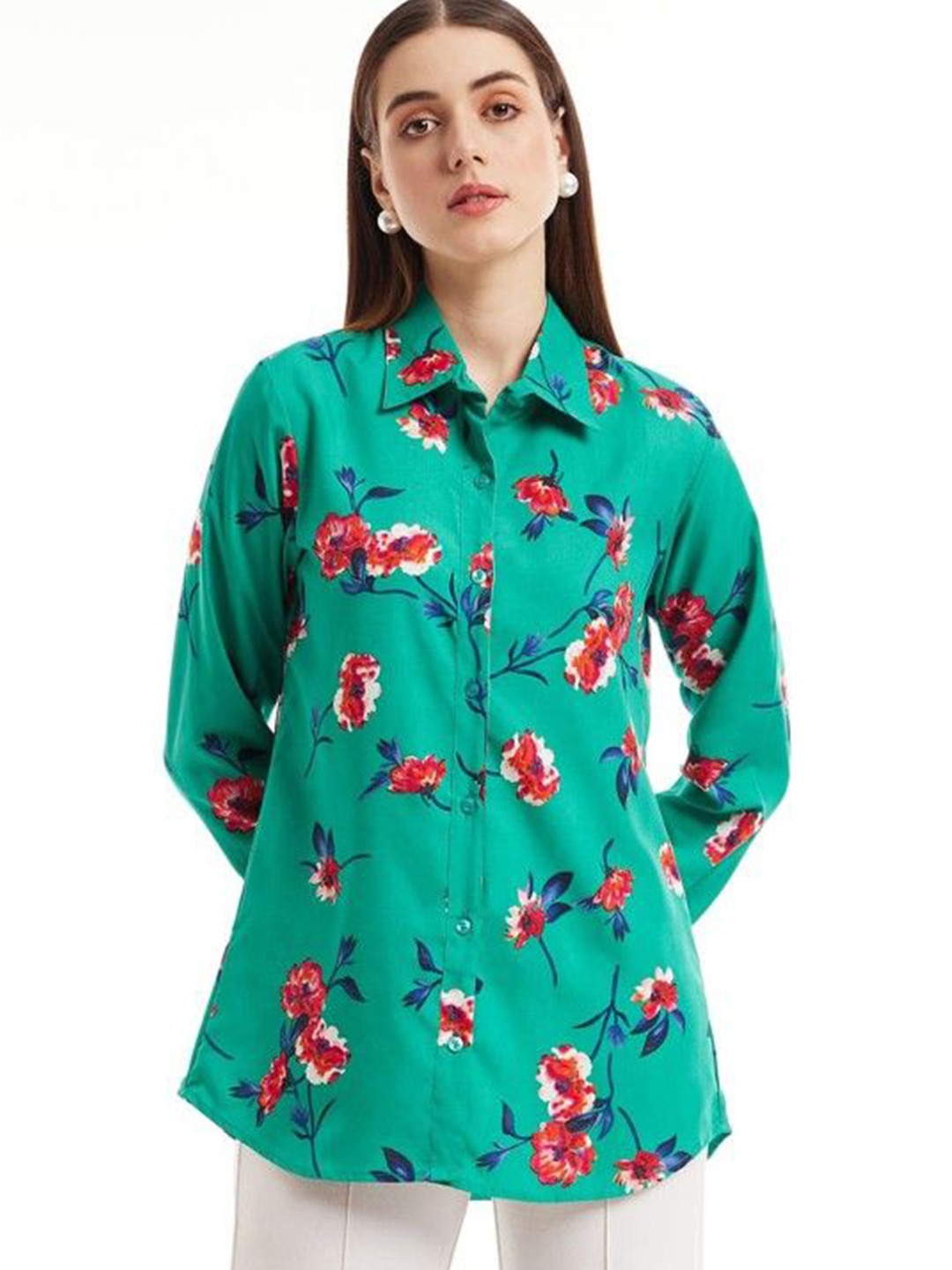 

DressBerry Women Relaxed Fit Spread Collar Floral Printed Casual Shirt, Green