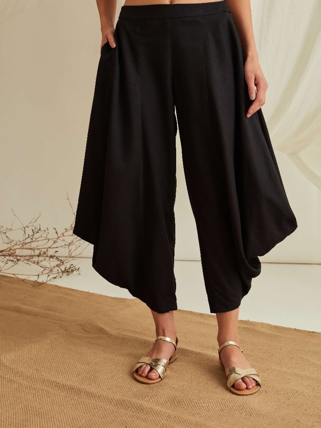 

Abhishti Women Elasticated waist flared cowl pants-Midnight Black