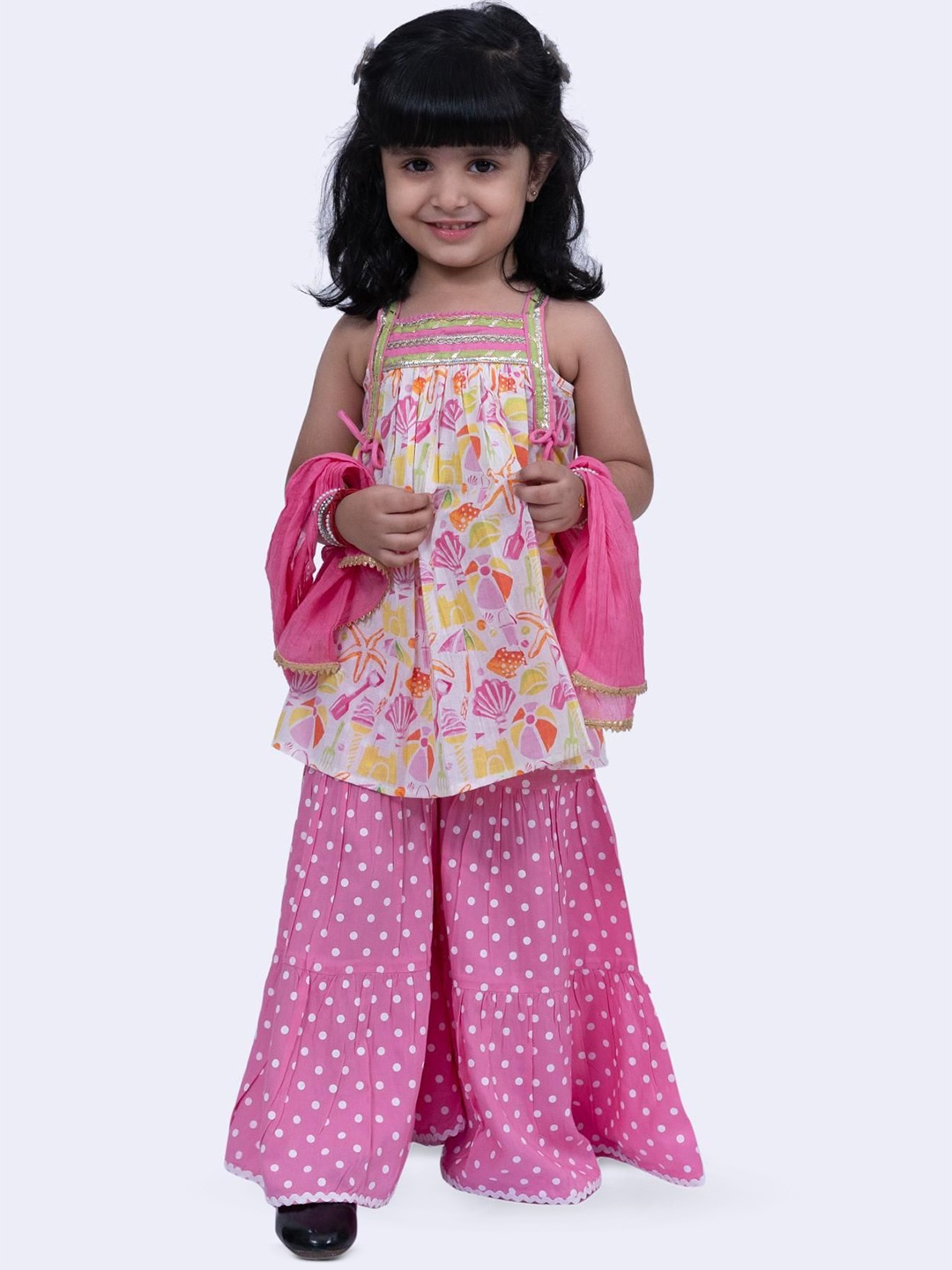 

Twisha Girls Floral Printed Pure Cotton Pleated A-Line Kurta With Sharara & Dupatta, White