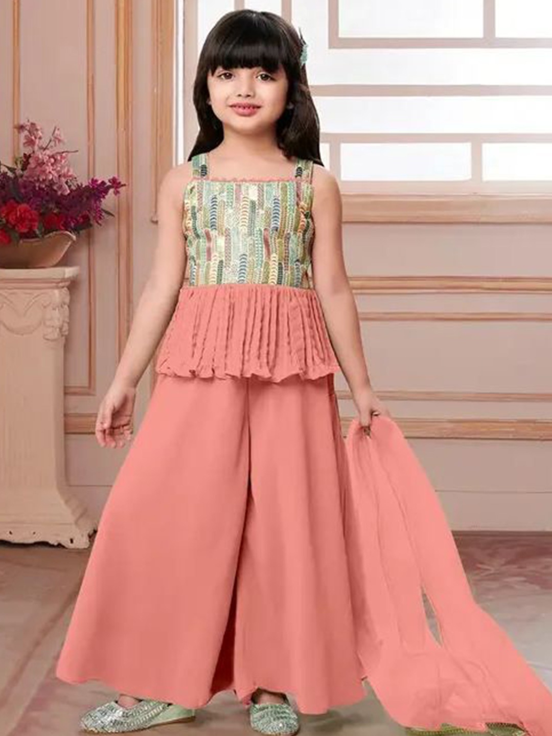 

JEVIK CREATION Girls Embellished Sleeveless Top With Palazzo & Dupatta, Orange