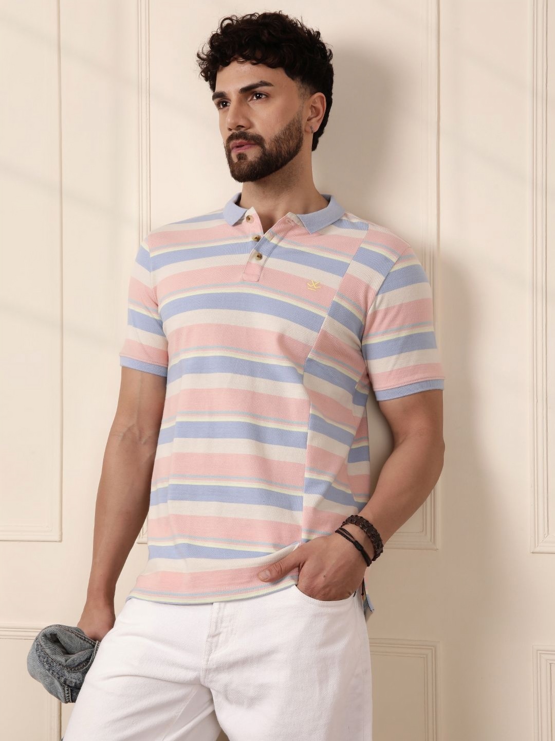 

WROGN Men Striped Polo Collar Cotton Slim Fit T-shirt, Blue