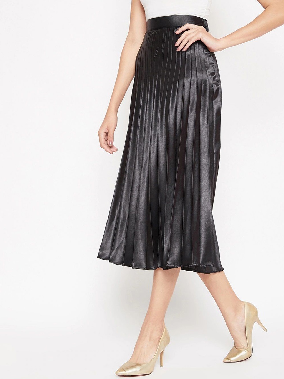 

ZWERLON Women Satin Pleated A-Line Midi Skirt, Black