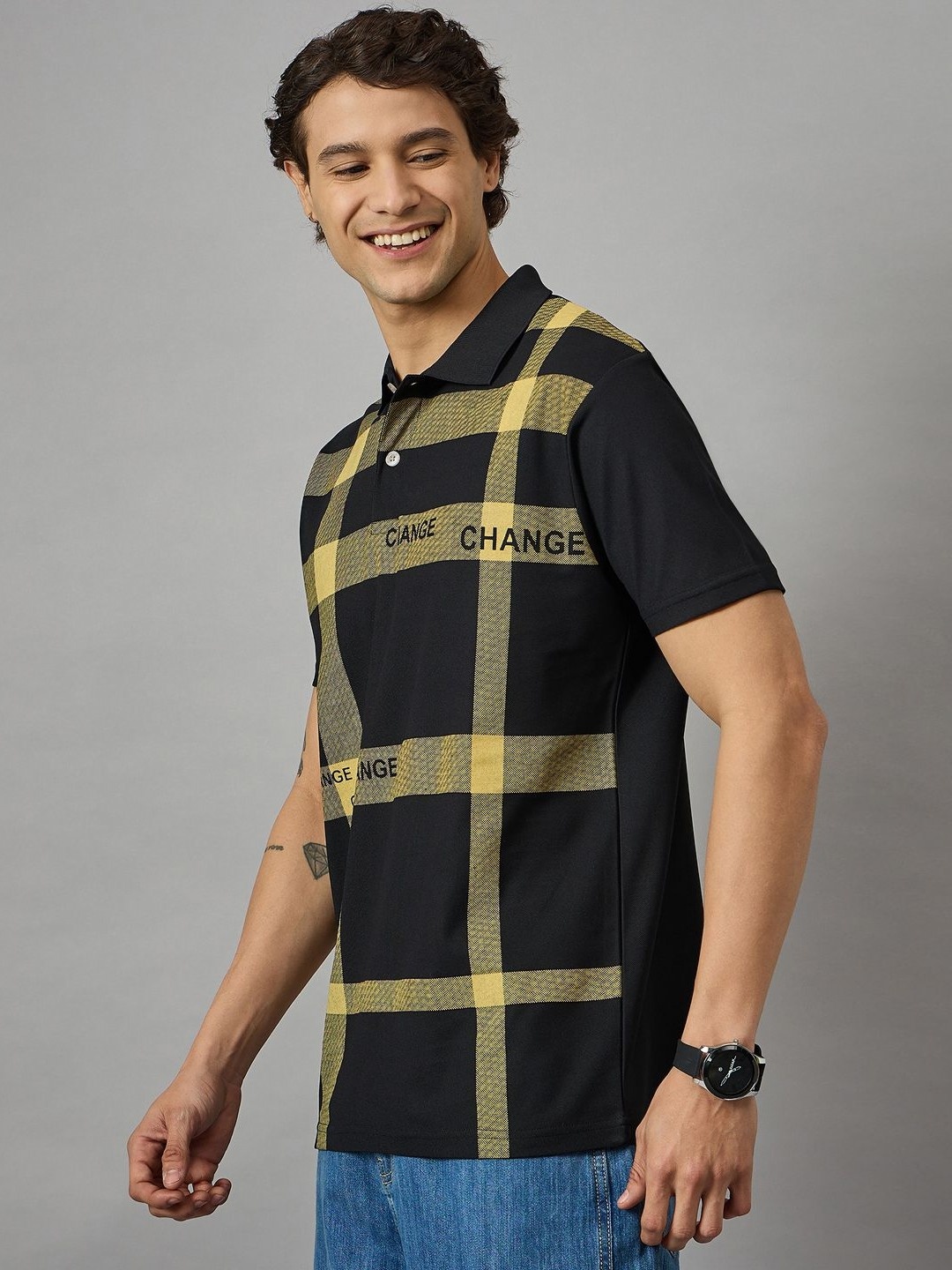 

BRONATION Men Checked Polo Collar Cotton T-shirt, Black