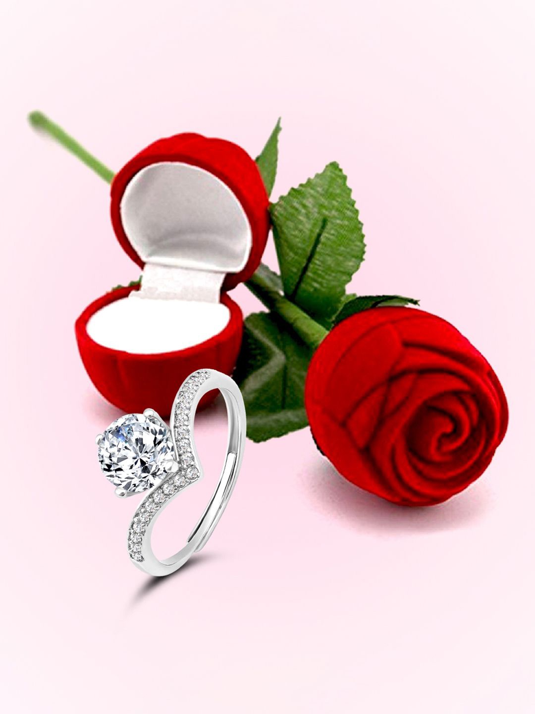 

Peora Silver-Plated Cubic Zirconia Studded Finger Ring With Rose Gift Box