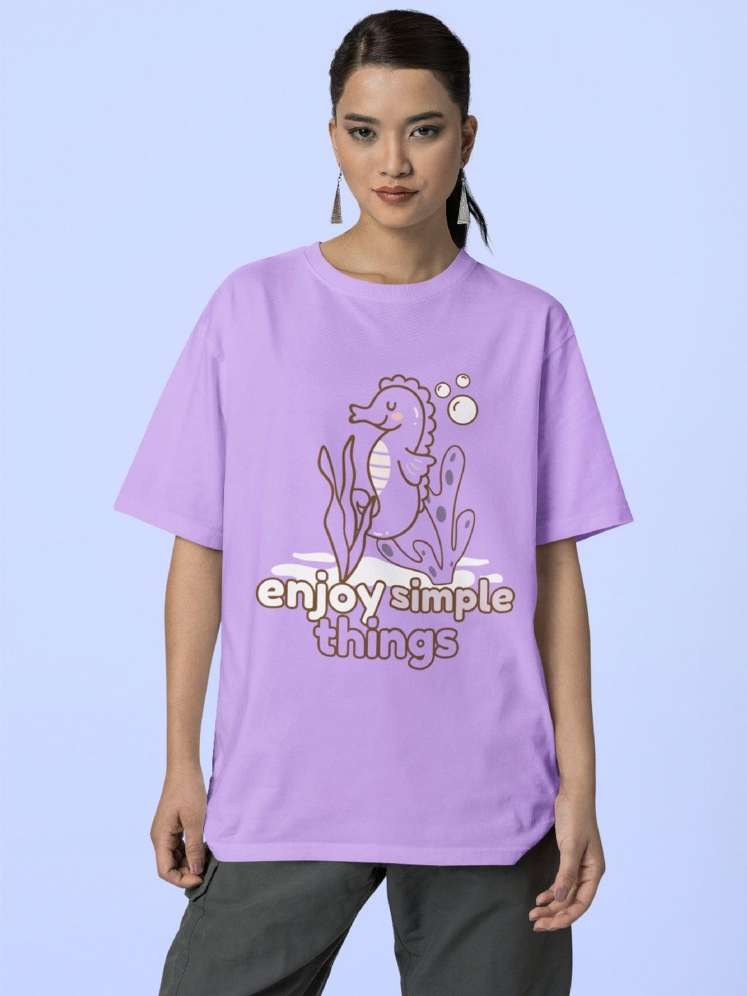 

Reifica Women Graphic Printed Round Neck Cotton Oversized T-shirt, Lavender