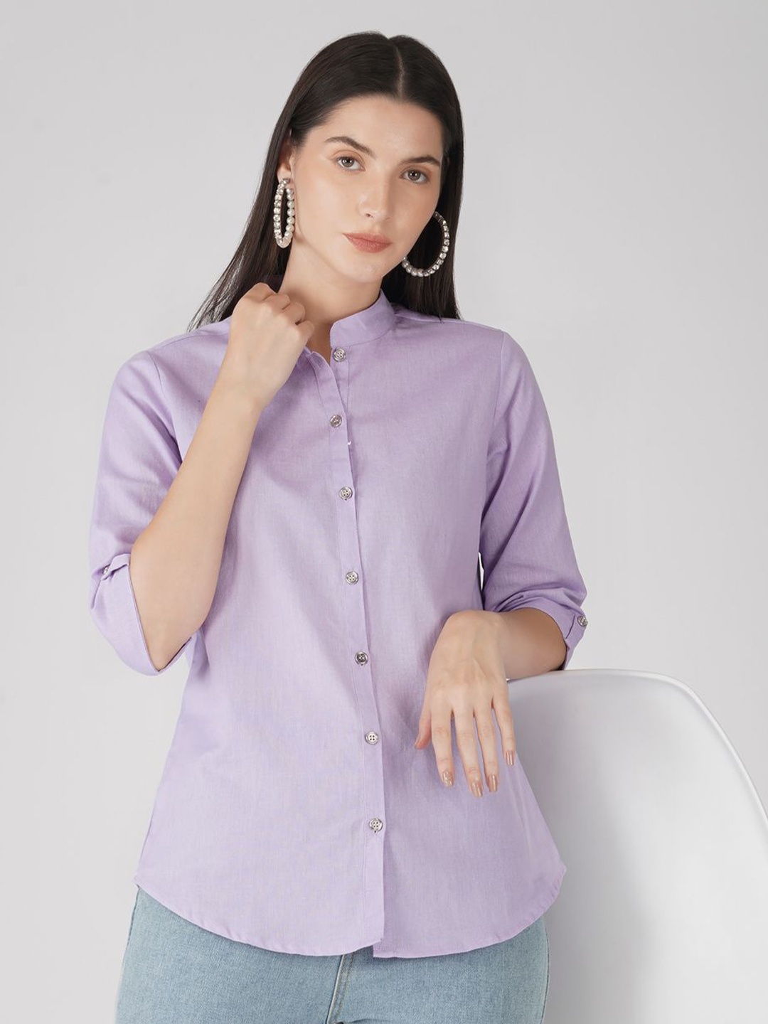 

KALINI Women Solid Mandarin Collar Cotton Shirt, Lavender