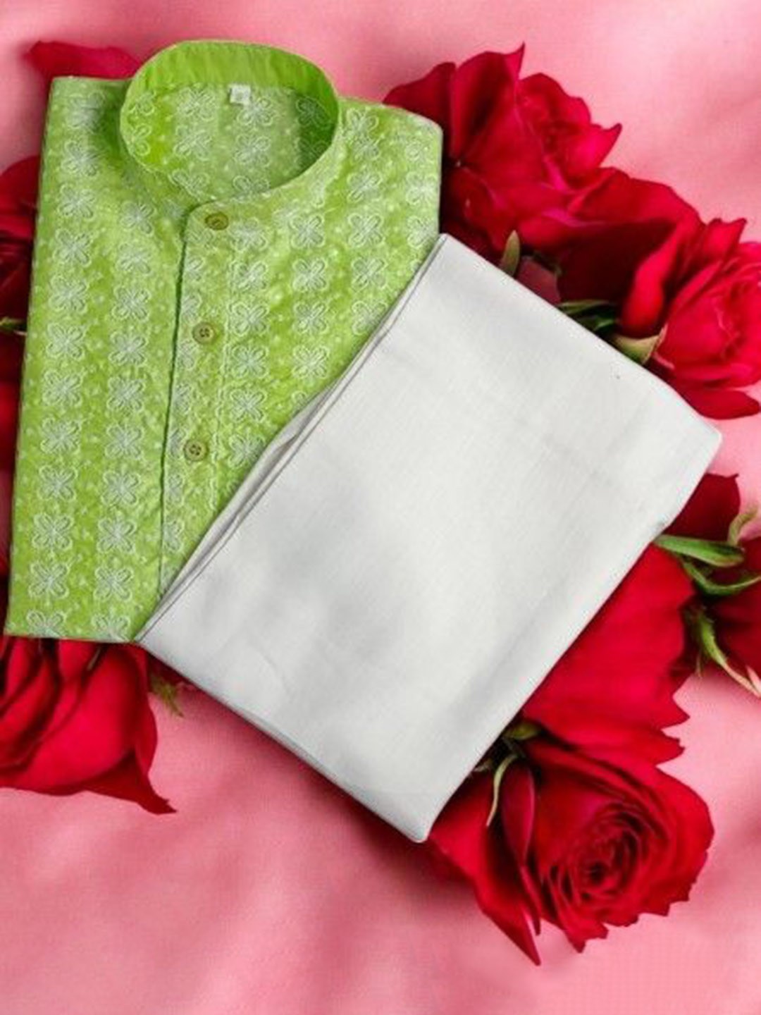 

Qtsy Boys Floral Embroidered Chikankari Band Collar Pure Cotton Straight Kurta With Pyjama, Green