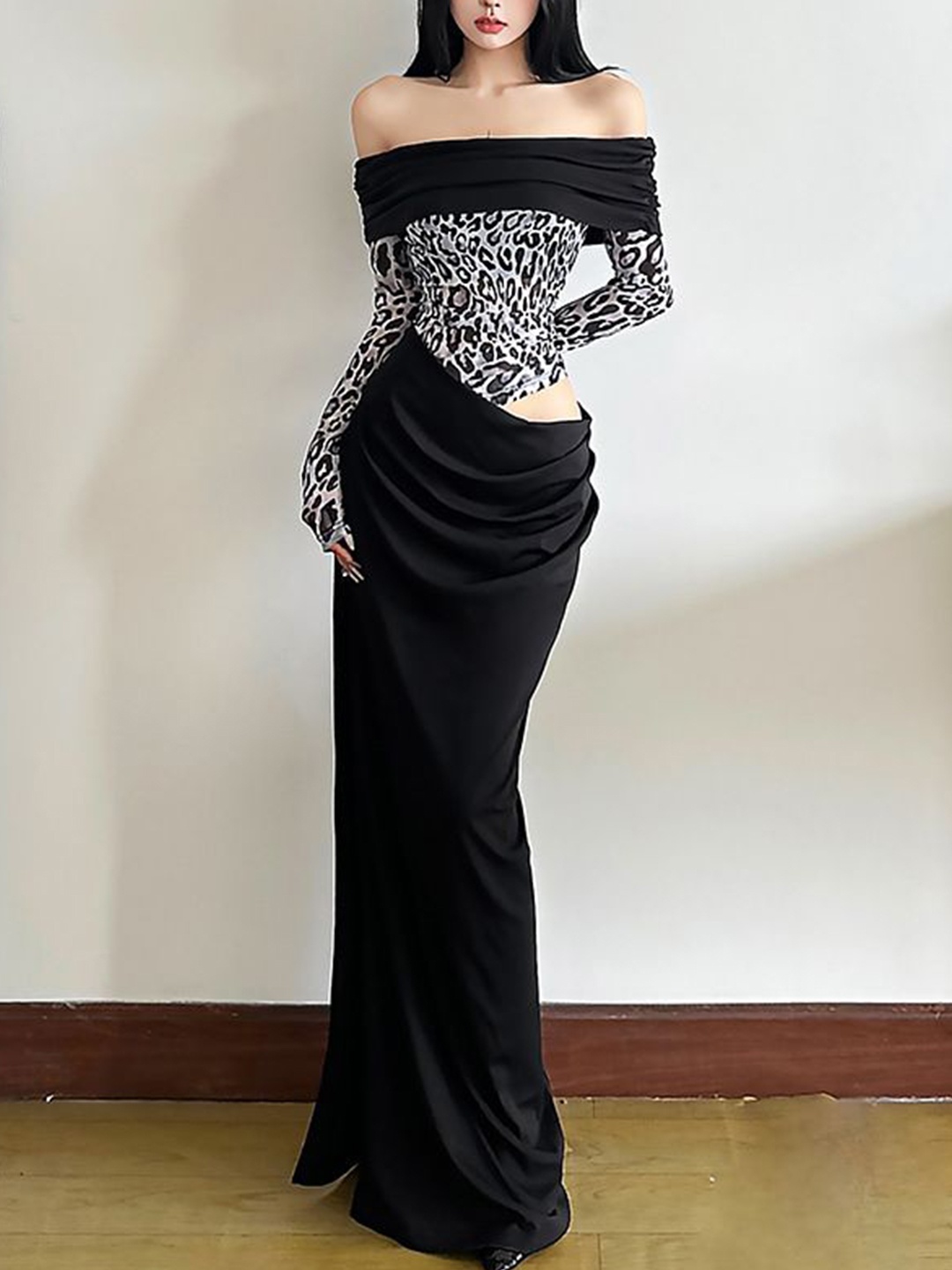 

StyleCast Animal Print Off-Shoulder Satin Bodycon Midi Dress, Black