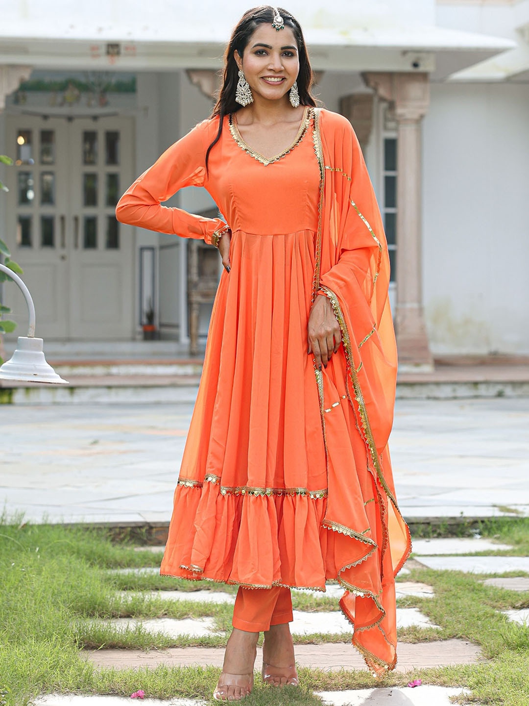 

ASHEERA Empire V-Neck Gotta Patti Georgette Anarkali Kurta With Trousers & Dupatta, Orange