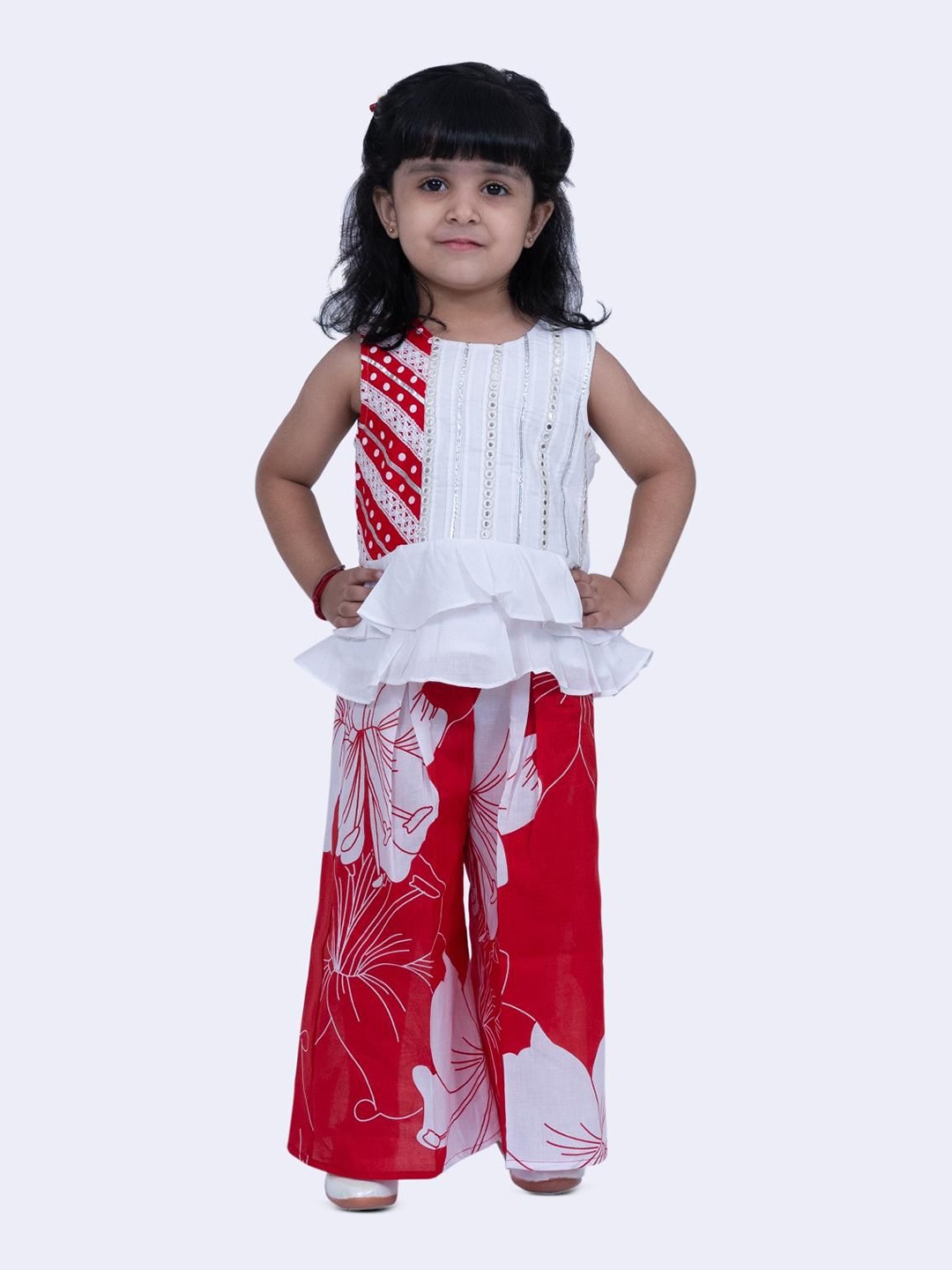 

Twisha Girls Embroidered Round Neck Pure Cotton Top With Palazzos, White