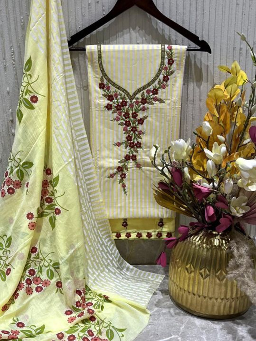 

SALWAR STUDIO Floral Embroidered Thread Work Cotton Unstitched Dress Material, Yellow