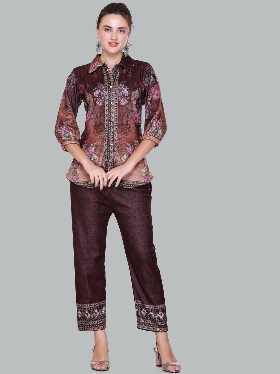 

Pink Berry Floral Printed Shirt Collar Puffed Sleeves Shirt With Trousers, Maroon