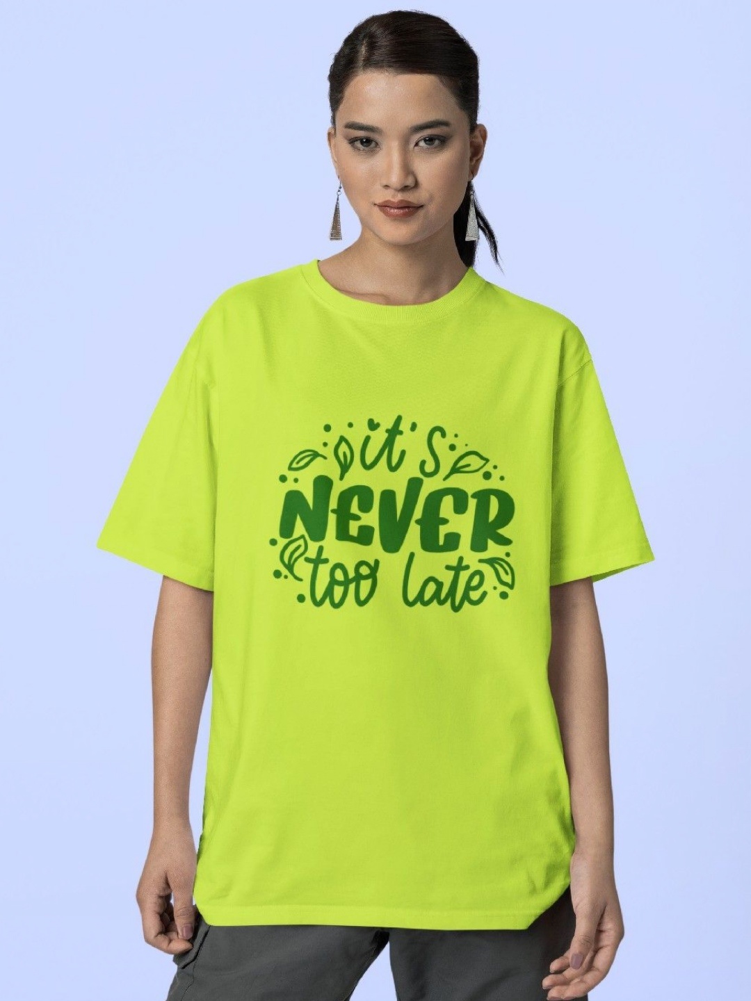 

Reifica Women Typography Printed Drop-Shoulder Sleeves Applique T-shirt, Lime green