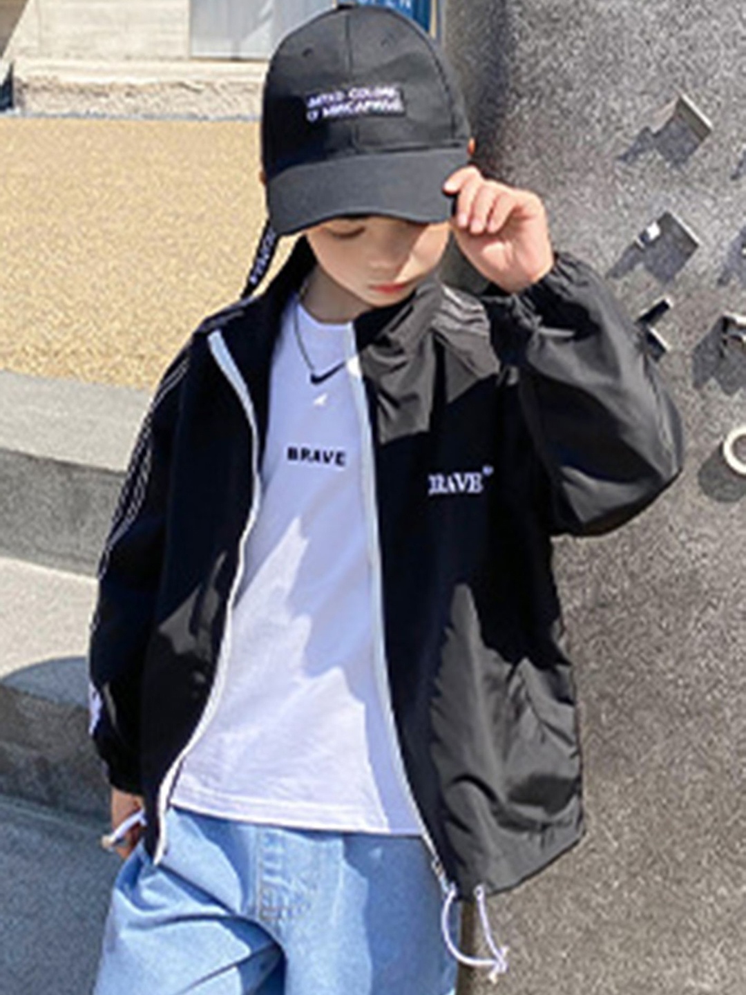 

LULU & SKY Boys Mock Collar Typography Printed Casual Tailored Jacket, Black